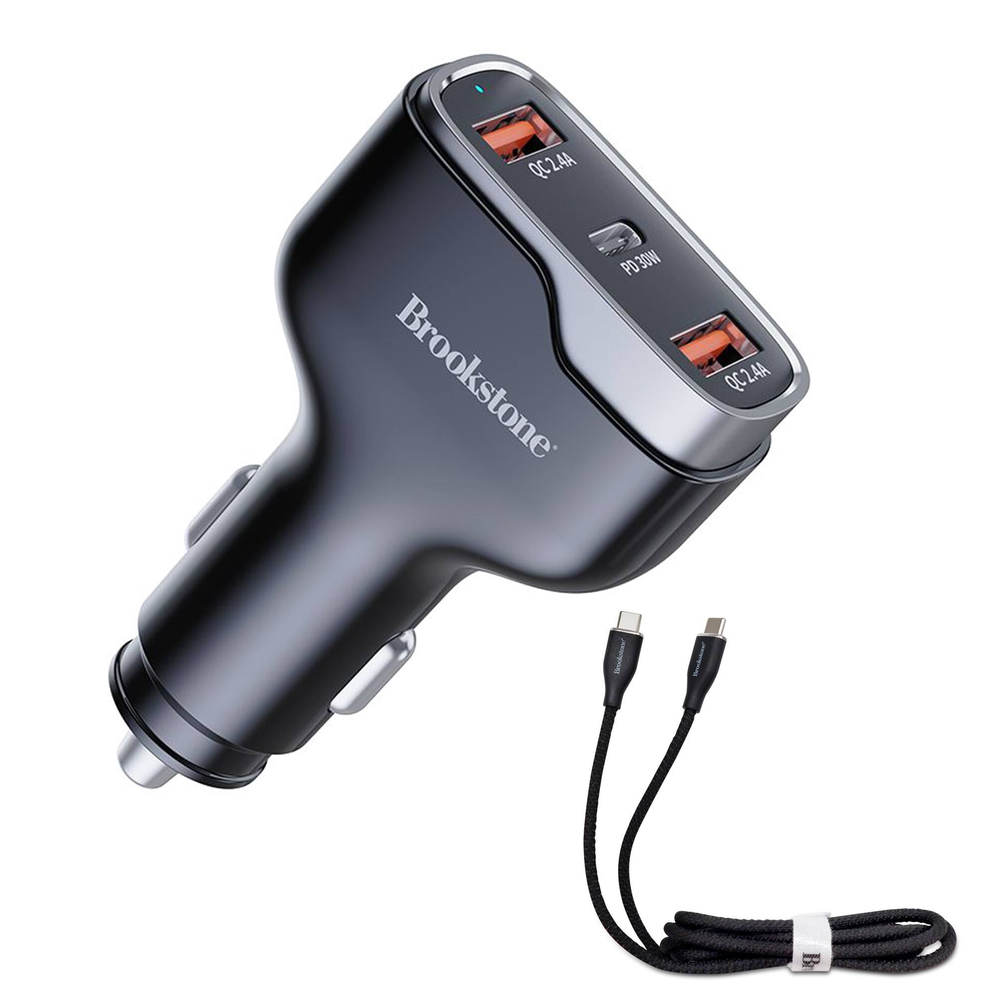 Brookstone - 50W Power Delivery 3-Port  Car Charger and 4ft Type-C Cable Charging Kit (Black-Silver) - Black