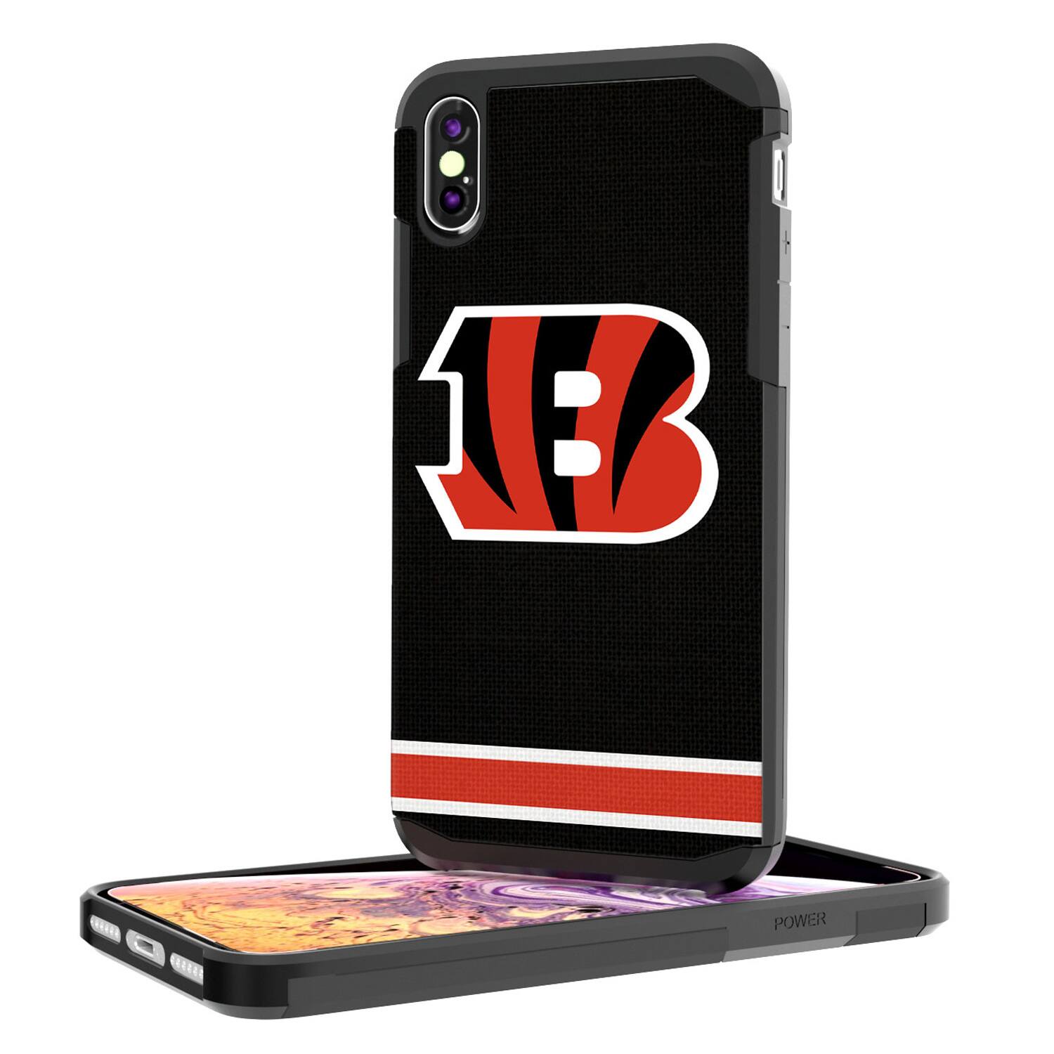 Alt View 1. Keyscaper - Cincinnati Bengals iPhone Rugged Stripe Design Case - 15 Plus - Multicolor.