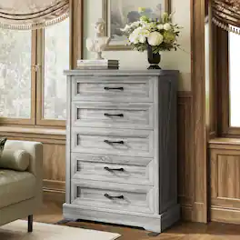 AODK - 46" H Farmhouse 5 Drawer Dresser, Tall Chest of Drawers with Arched Base for Bedroom - Gray