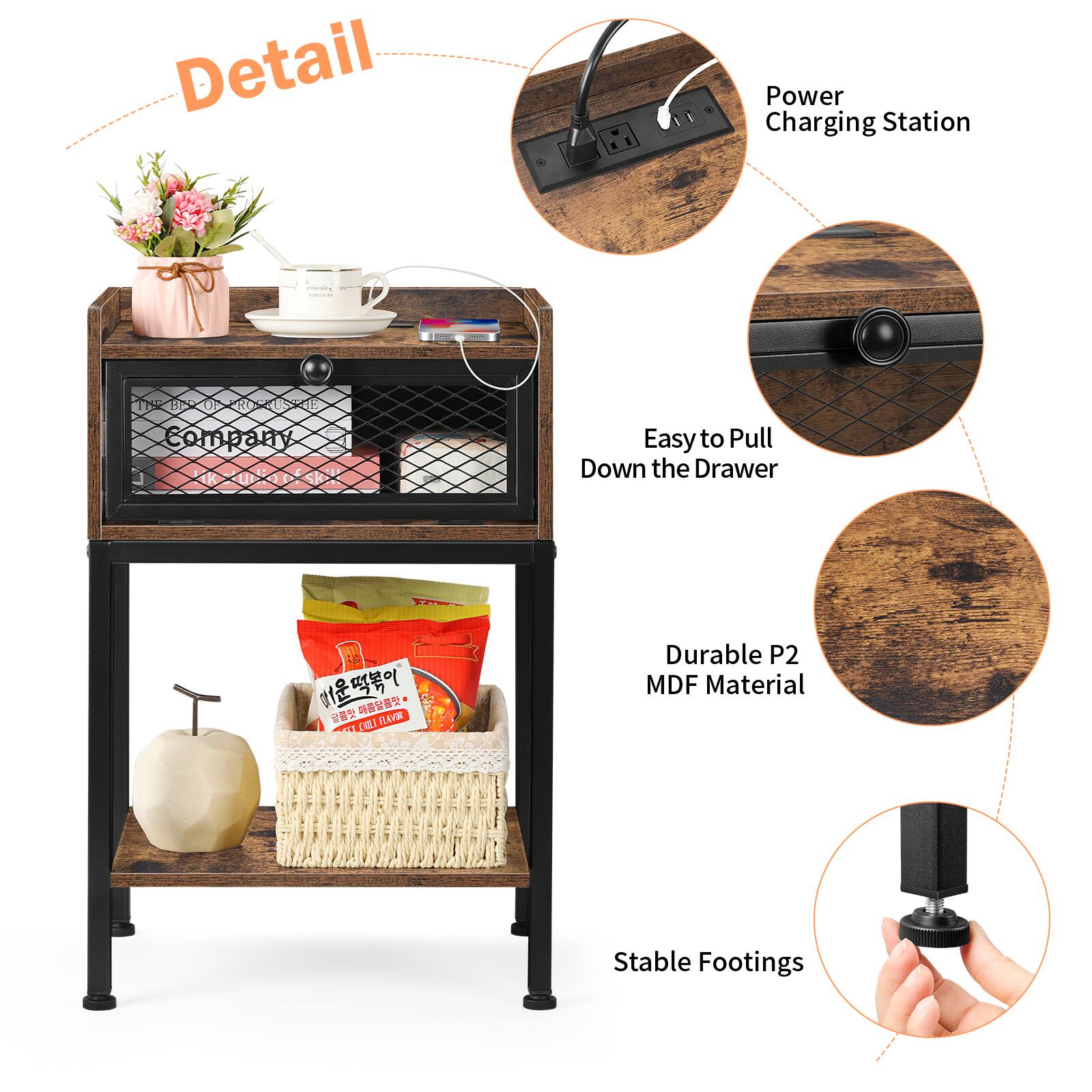 Detail Power Charging Station TKBXUXRXX 1 BPSK US RO Company Easy to Pull Down the Drawer  
C] FLAVER Durable P2 MDF Material Stable Footings