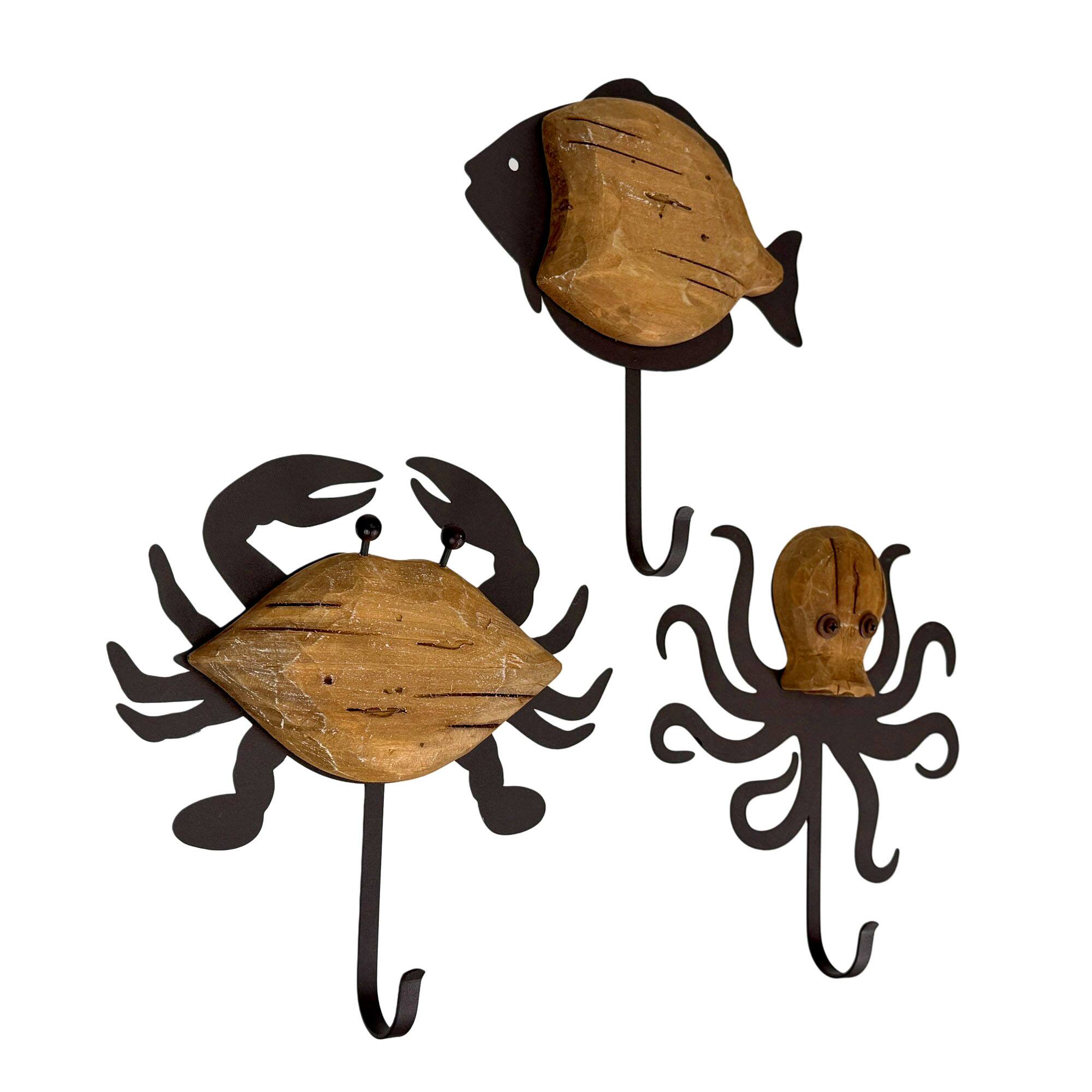 Alt View 1. Things2Die4 - Set of 3 Nautical Wood and Metal Decorative Wall Hooks Fish Crab Octopus - Brown.