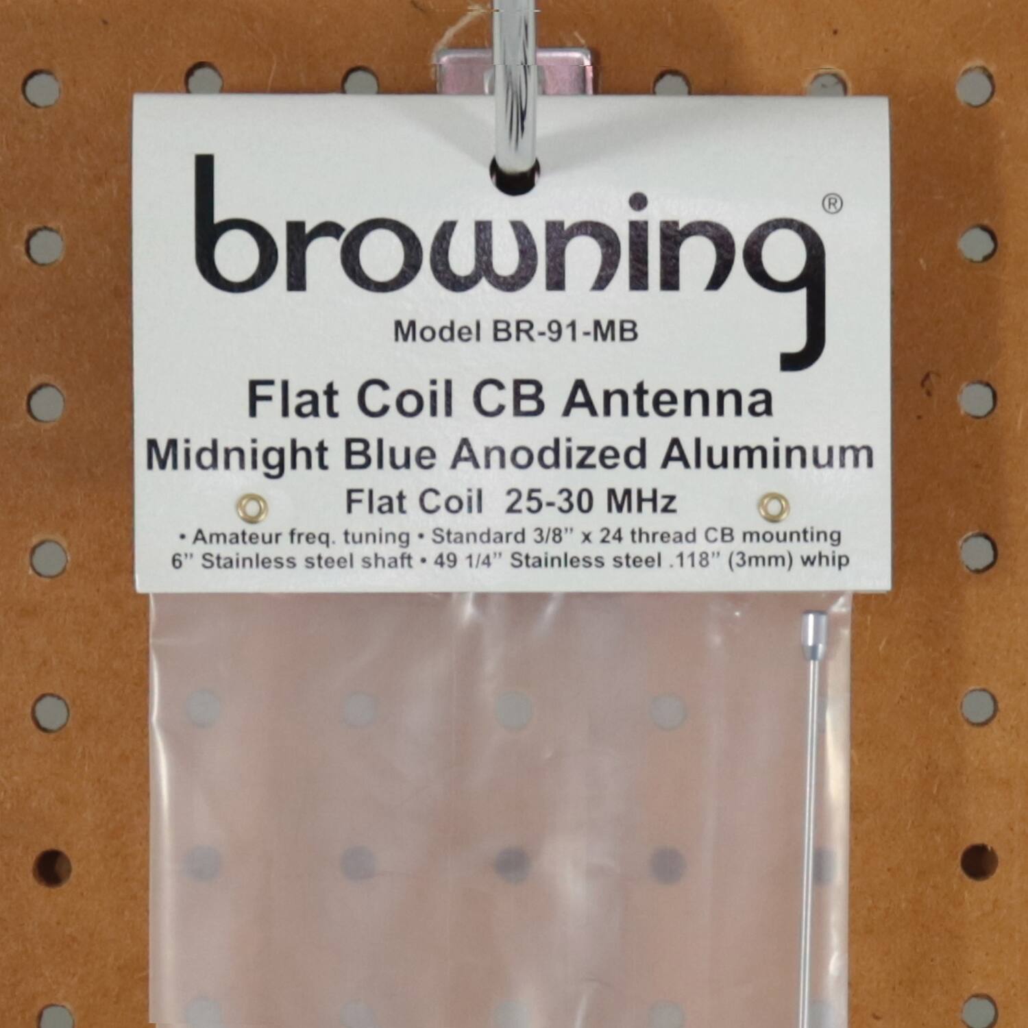 browning  
Model BR-91-MB  

Flat Coil CB Antenna  
Midnight Blue Anodized Aluminum  

Flat Coil 25-30 MHz  
- Amateur freq. tuning  
- Standard 3/8" x 24 thread CB mounting  
- 6" Stainless steel shaft  
- 49 1/4" Stainless steel .118" (3mm) whip