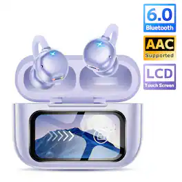 Trigiz - Open-Ear Wireless Clip-On Earbuds with Touch Screen, 60H Playtime, Bluetooth 6.0, IPX7 Waterproof, Secure Fit for Runnig - Purple
