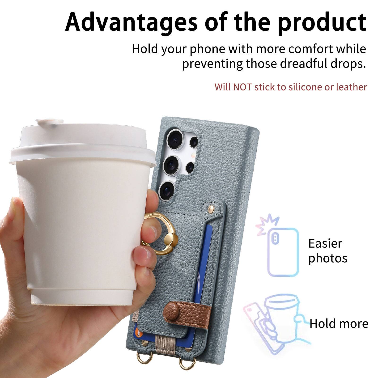 Advantages of the product

- Hold your phone with more comfort while preventing those dreadful drops.
- Will NOT stick to silicone or leather
- Easier photos
- Hold more
