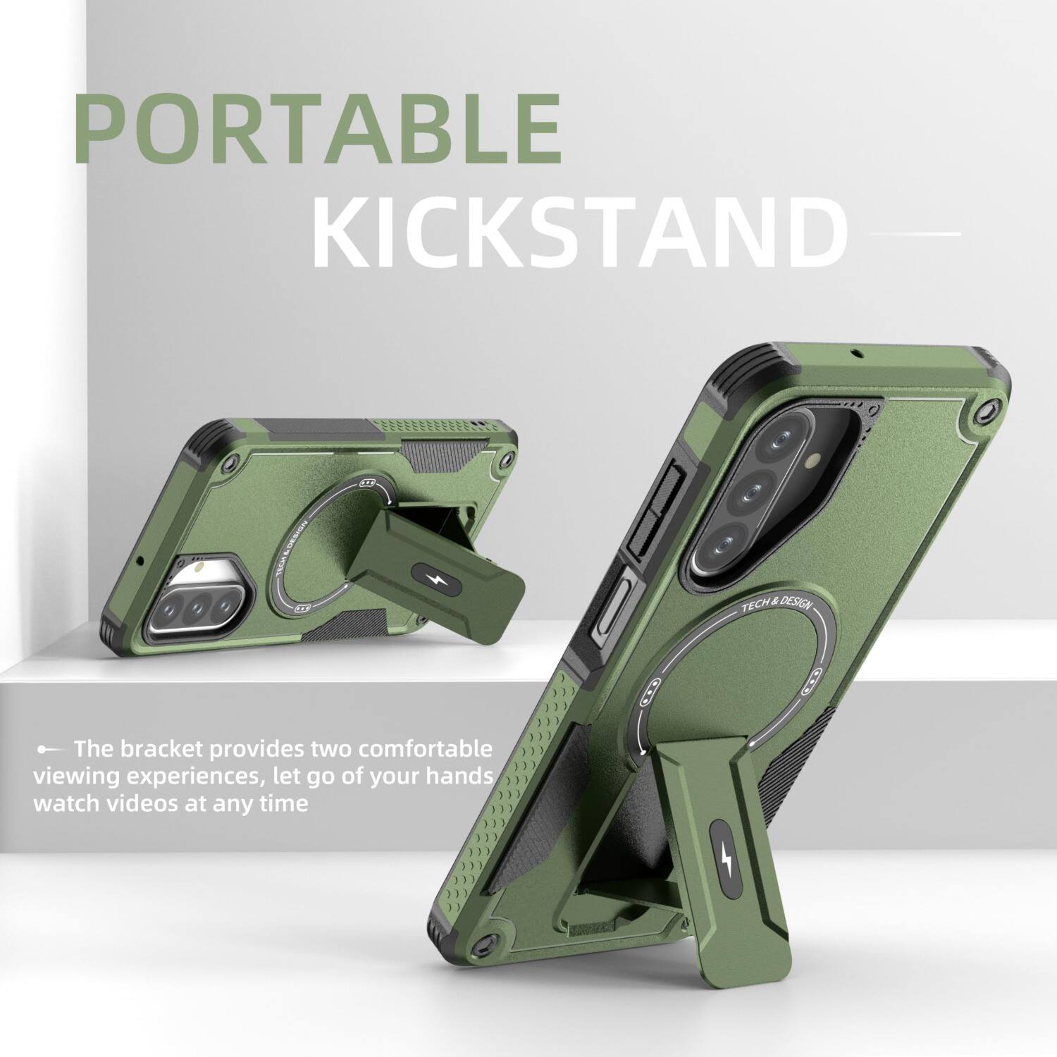 PORTABLE KICKSTAND

TECH & DESIGN

The bracket provides two comfortable viewing experiences, let go of your hands watch videos at any time