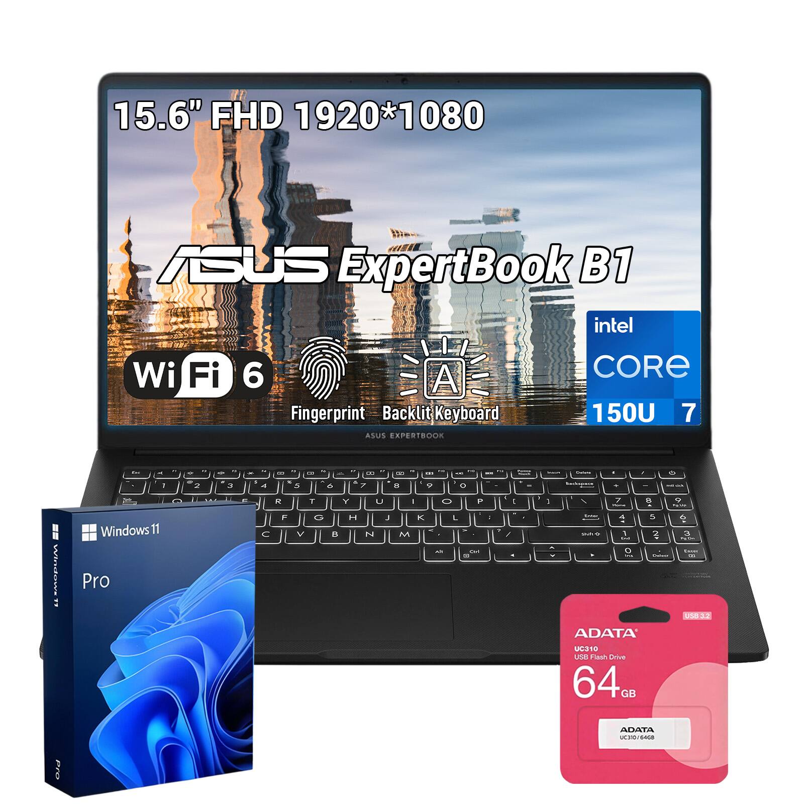 15.6" FHD 1920*1080  
ASUS ExpertBook B1  
Intel Core i5-1500U  
Wi-Fi 6  
Fingerprint  
Backlit Keyboard  
Windows 11 Pro  
ADATA UC310 USB Flash Drive 64GB