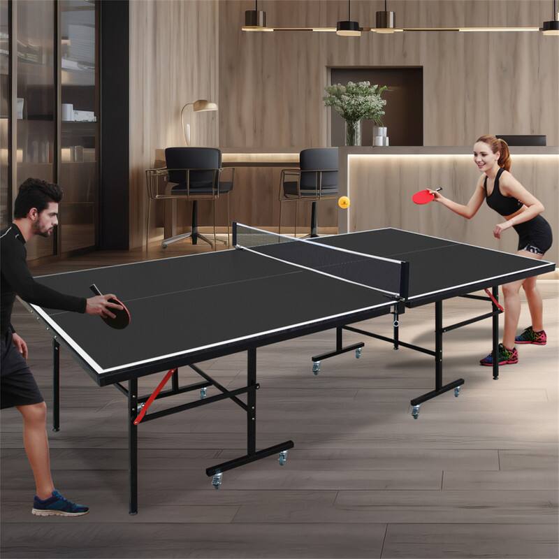 Alt View 4. HTUTWOO - Table Tennis Table 8ft - Foldable & Portable Mid-Size Ping Pong Table Set, Indoor Games with Net, 2 Paddles and 3 Balls - Black.