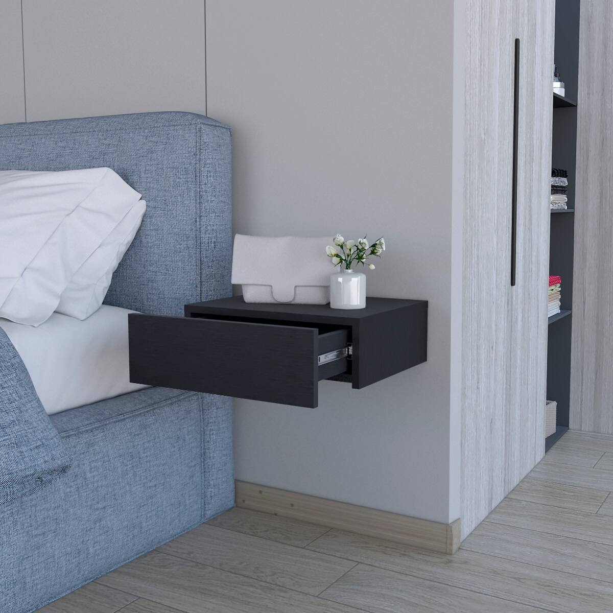 Angle. Loheer - Loheer Wenge Wall Mounted Nightstand with Drawer, Compact Wood Bedside Table - Wenge.
