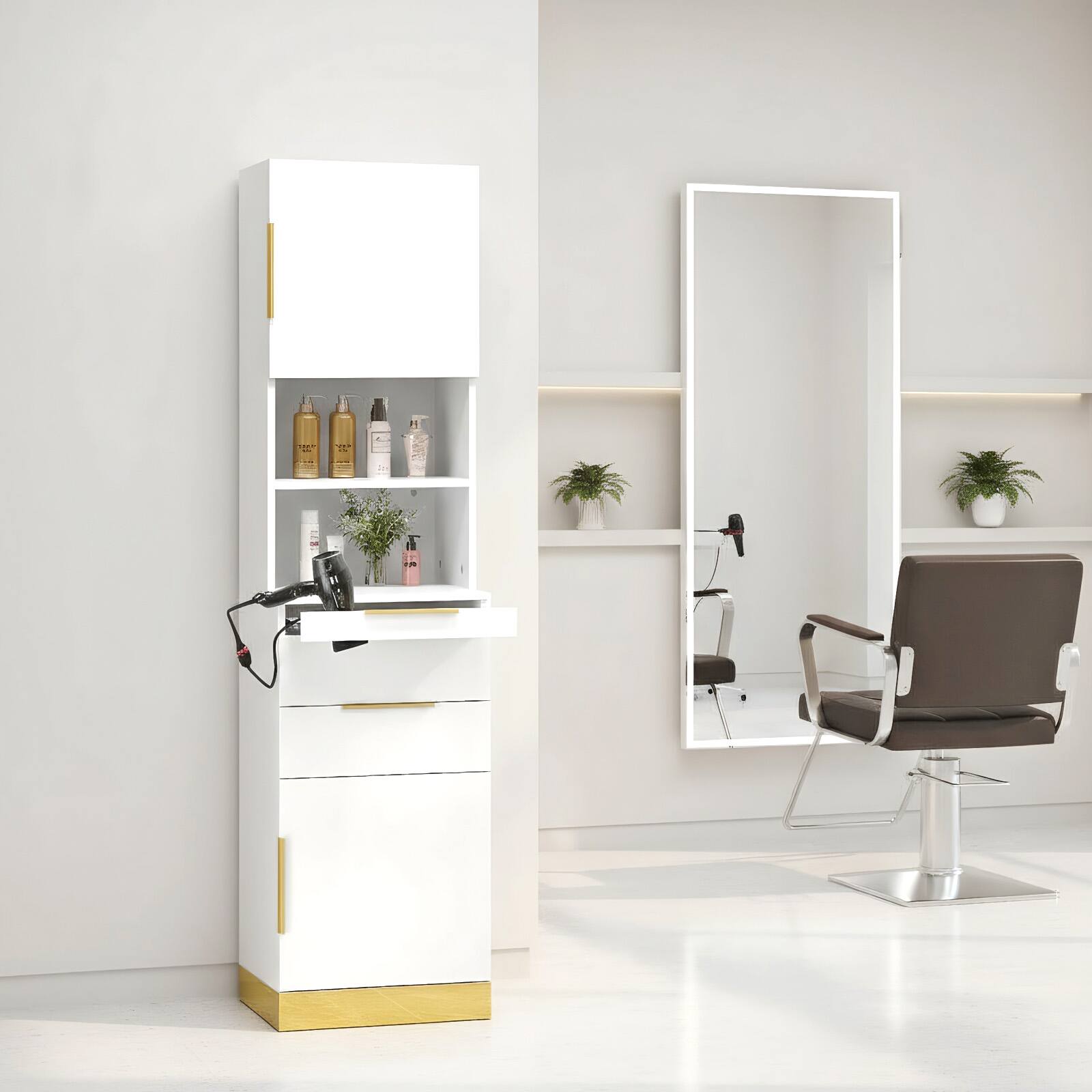 Left. Winado - Salon Station Beauty Storage Cabinet with Drawers & Bottom Cabinet & Dryer Holders for Barbershop, Bathrooms or Bedrooms - White.