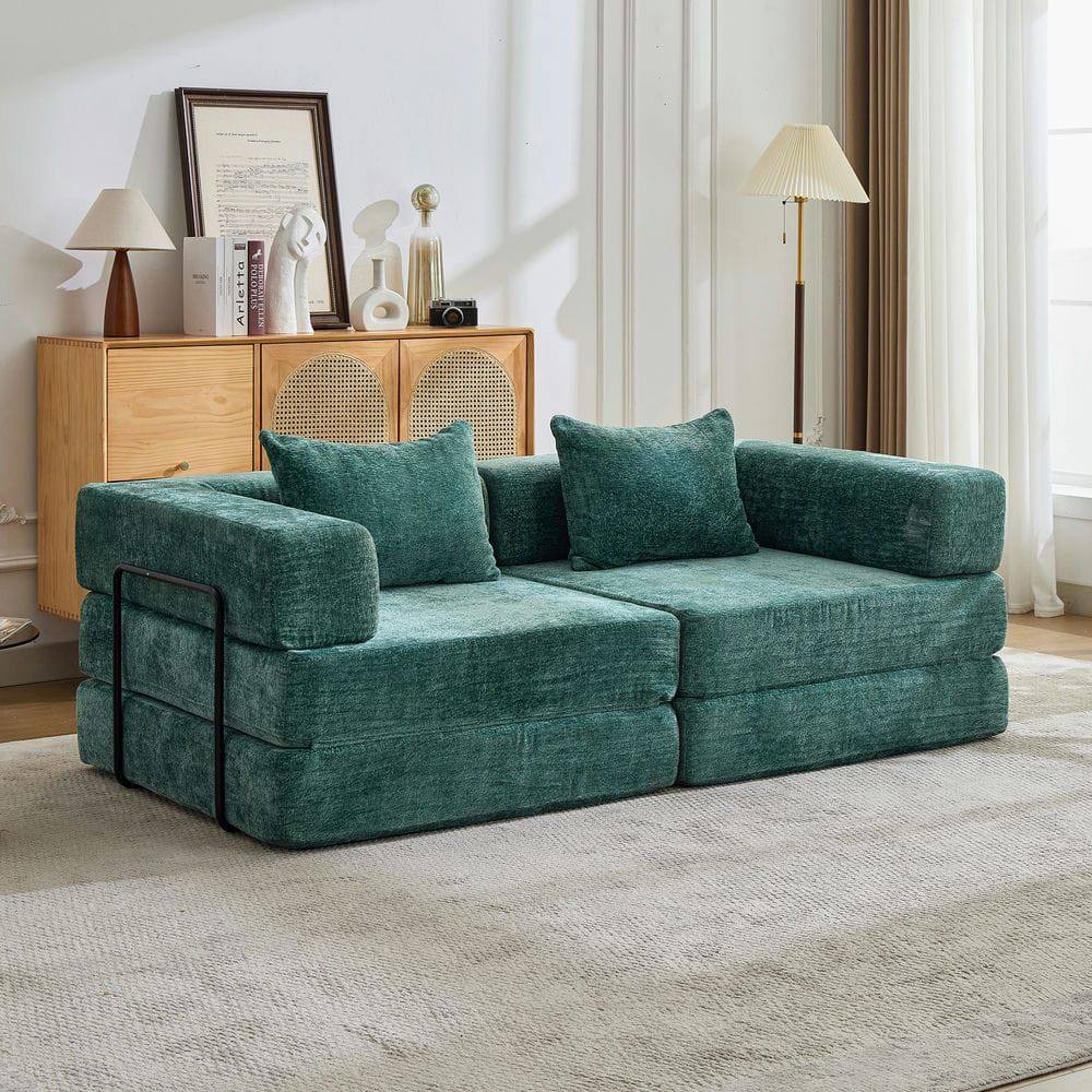 Kadyn - Compression Floor Sofa Bed, Convertible Boneless Sectional with Fixed Frame, Chenille, Dark Green - Green