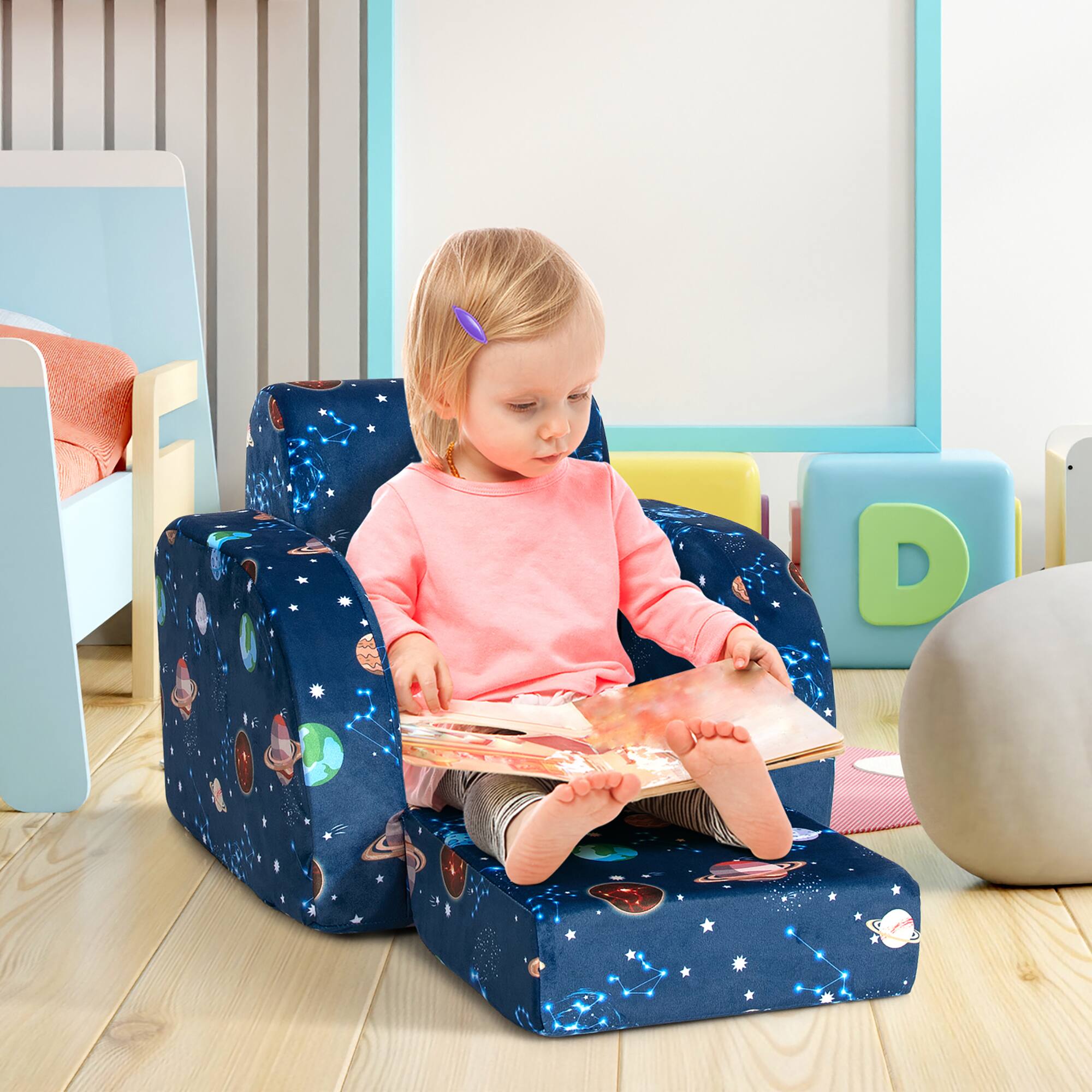 Alt View 1. Costway - Costway 3-in-1 Convertible Kid Sofa Bed Flip-Out Chair Lounger for Toddler - Blue.