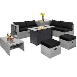 Pefilos - 9 Pieces Patio Furniture Set with Waterproof Cover, Outdoor Furniture Set with 42 Inches 60000 BTU Fire Pit - Black