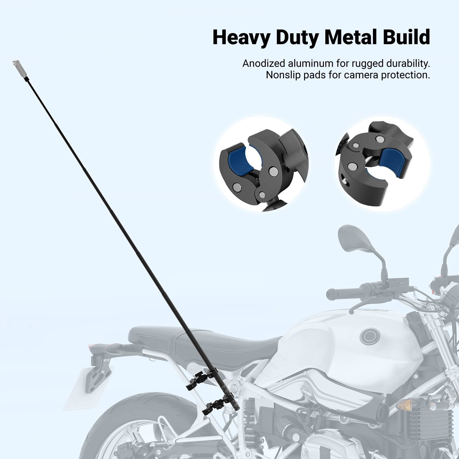 Heavy Duty Metal Build  
Anodized aluminum for rugged durability.  
Nonslip pads for camera protection.