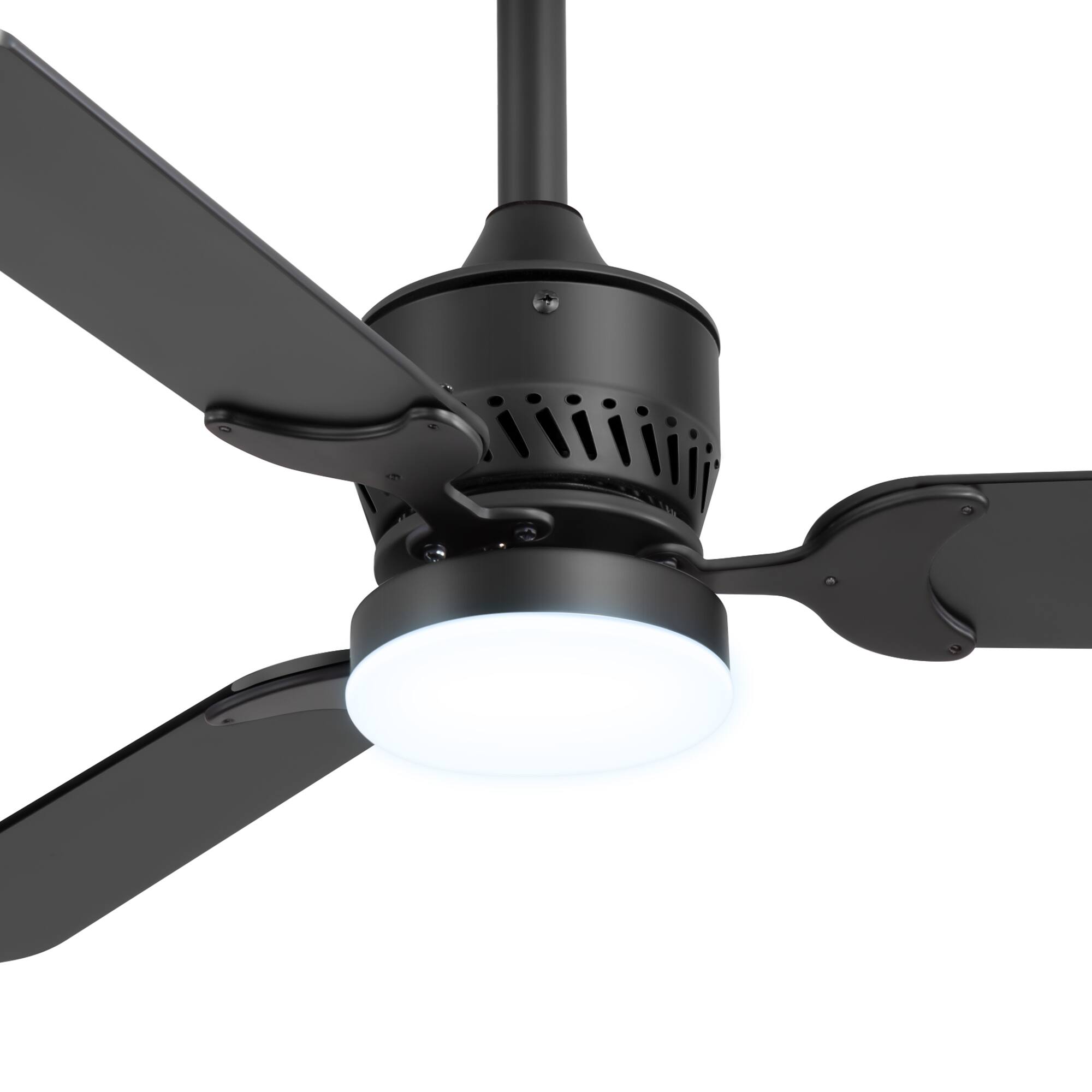 Left. Breezary - 42-In Traditional 2-Pack Ceiling Fan, 3 Plywood Blades, 2 Downrods, 6-Speed DC Motor, Remote Control and Timer - Matte Black and Deep Wood Grain.