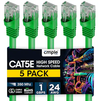485 make connections cmple .com
HIGH SPEED CAT5E Network Cable
5 PACK
UP TO 350 Mhz
CMPLE
RoHS COMPLIANT
1 GBPS
24 AWG
GREEN