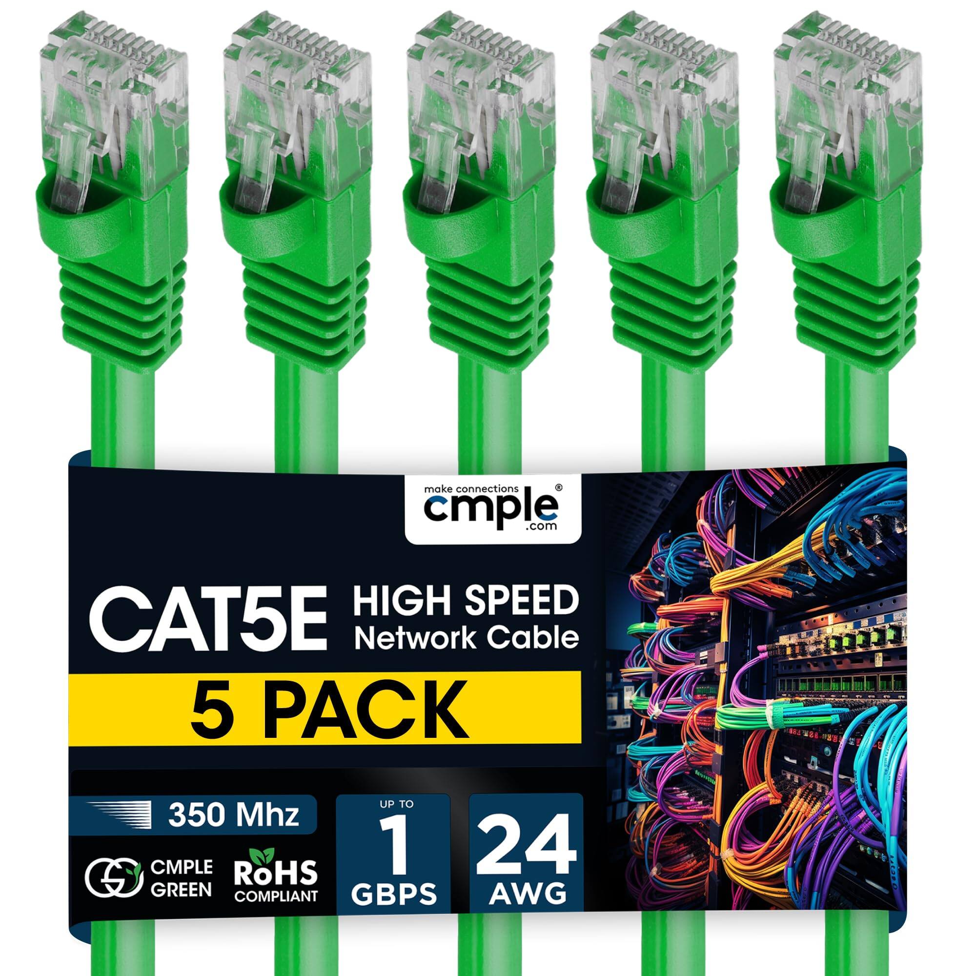 485 make connections cmple .com  
HIGH SPEED CAT5E Network Cable  
5 PACK  
UP TO 350 Mhz  
CMPLE  
RoHS COMPLIANT  
1 GBPS  
24 AWG  
GREEN