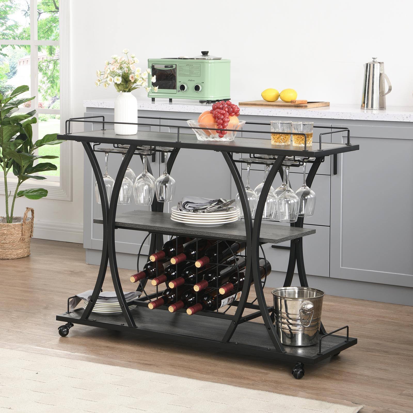 Angle. Spaco - Spaco Industrial Bar Cart Kitchen Bar Cart, Serving Cart for Home with Wheels 3 -Tier Storage Shelves, for Living Room - Black+ Gray.