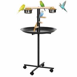 PULUZ - Portable Bird Play Stand, Parrot Perch Bird Feeder Station with Wheels, Stainless Steel Feeding Bowls, Tray - Gray