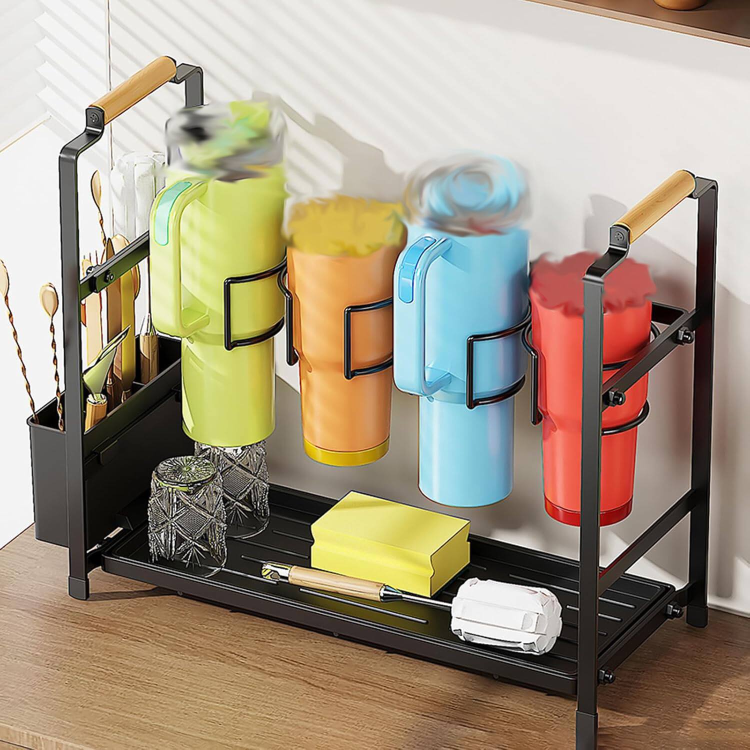 Left. GARVEE - Water Bottle Organizer, Double Layer Cup Holder, Carbon Steel Storage Rack with Tray for Small Kitchens and Countertops - Black.
