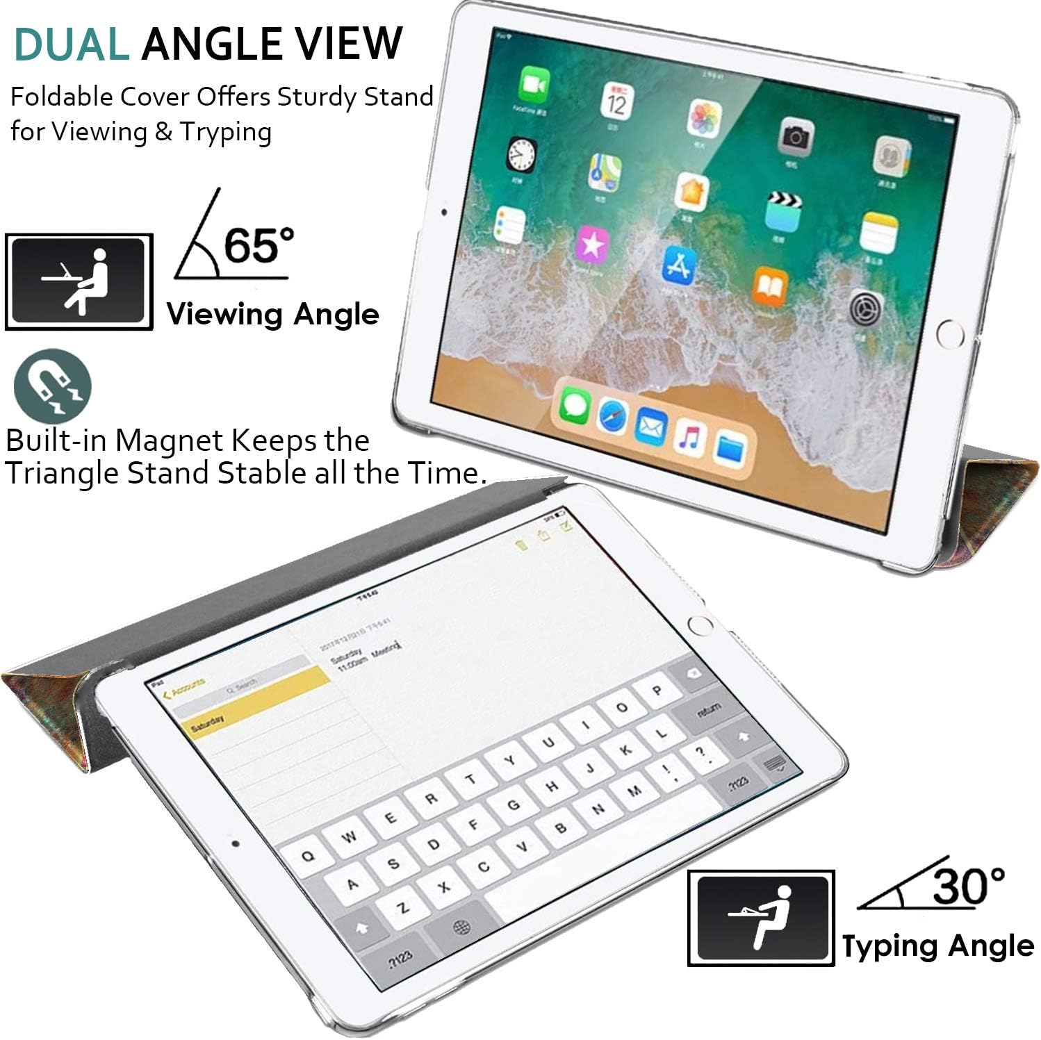 DUAL ANGLE VIEW  
Foldable Cover Offers Sturdy Stand for Viewing & Typing

65°  
Viewing Angle

Built-in Magnet Keeps the Triangle Stand Stable all the Time.

30°  
Typing Angle