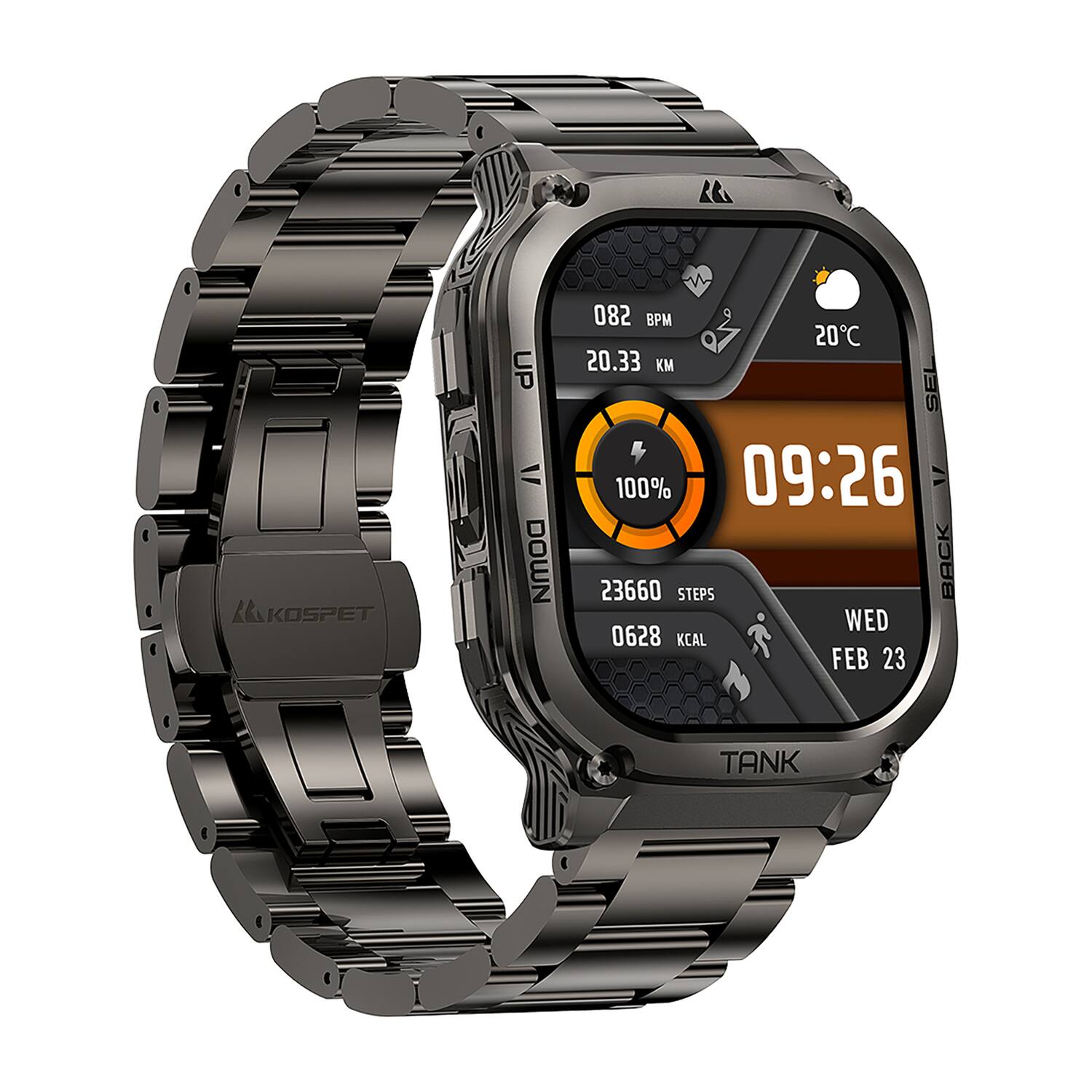 KOSPET UP = DOWN  
082 BPM  
20°C  
20.33 KM  
SEI U  
100%  
09:26  
23660 STEPS  
0628 KCAL  
WED 0628  
FEB 23  
TANK