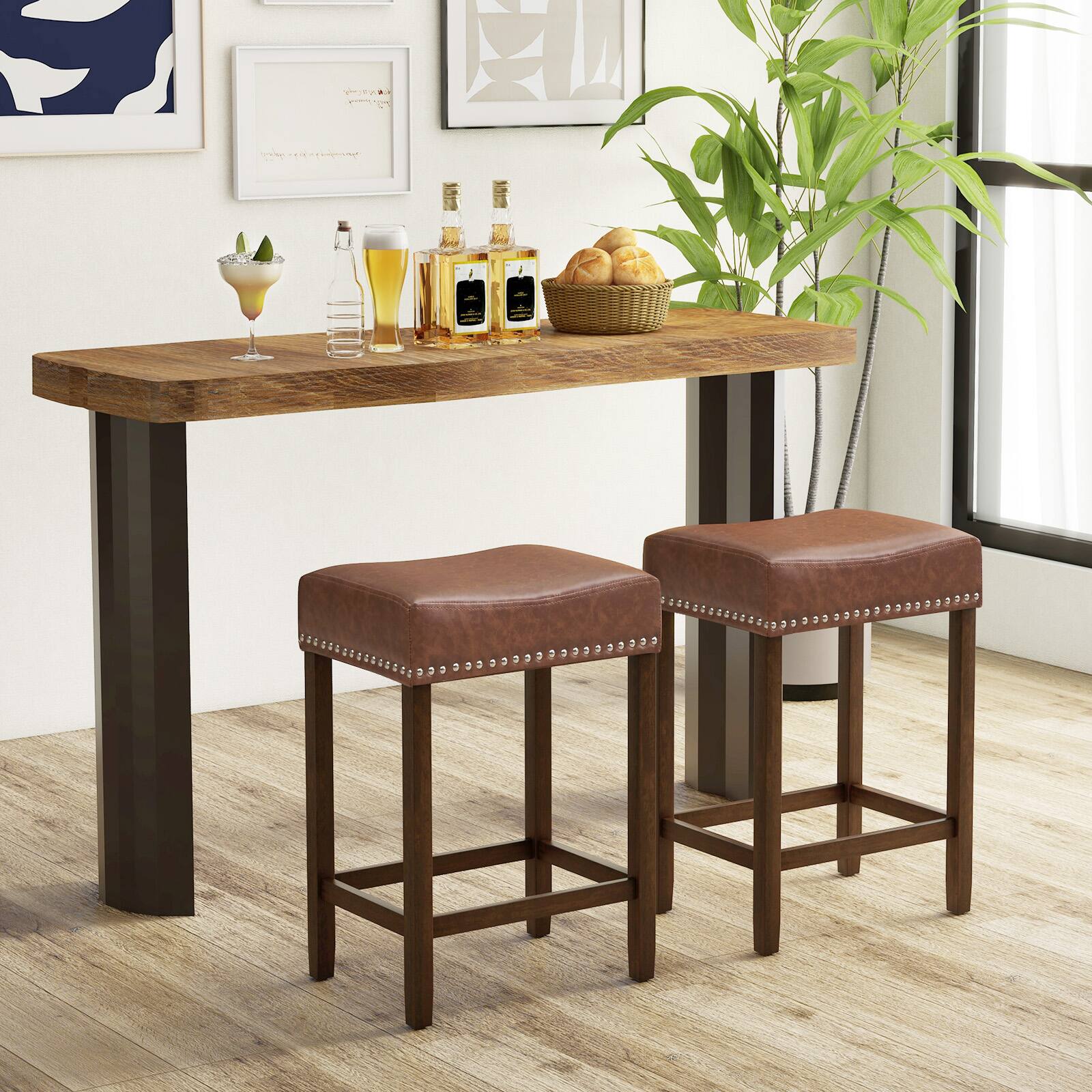 Alt View 2. Costway - 24" Upholstered Bar Stools Set of 2 with Footrests Rubberwood Frame Saddle-shaped - Brown.