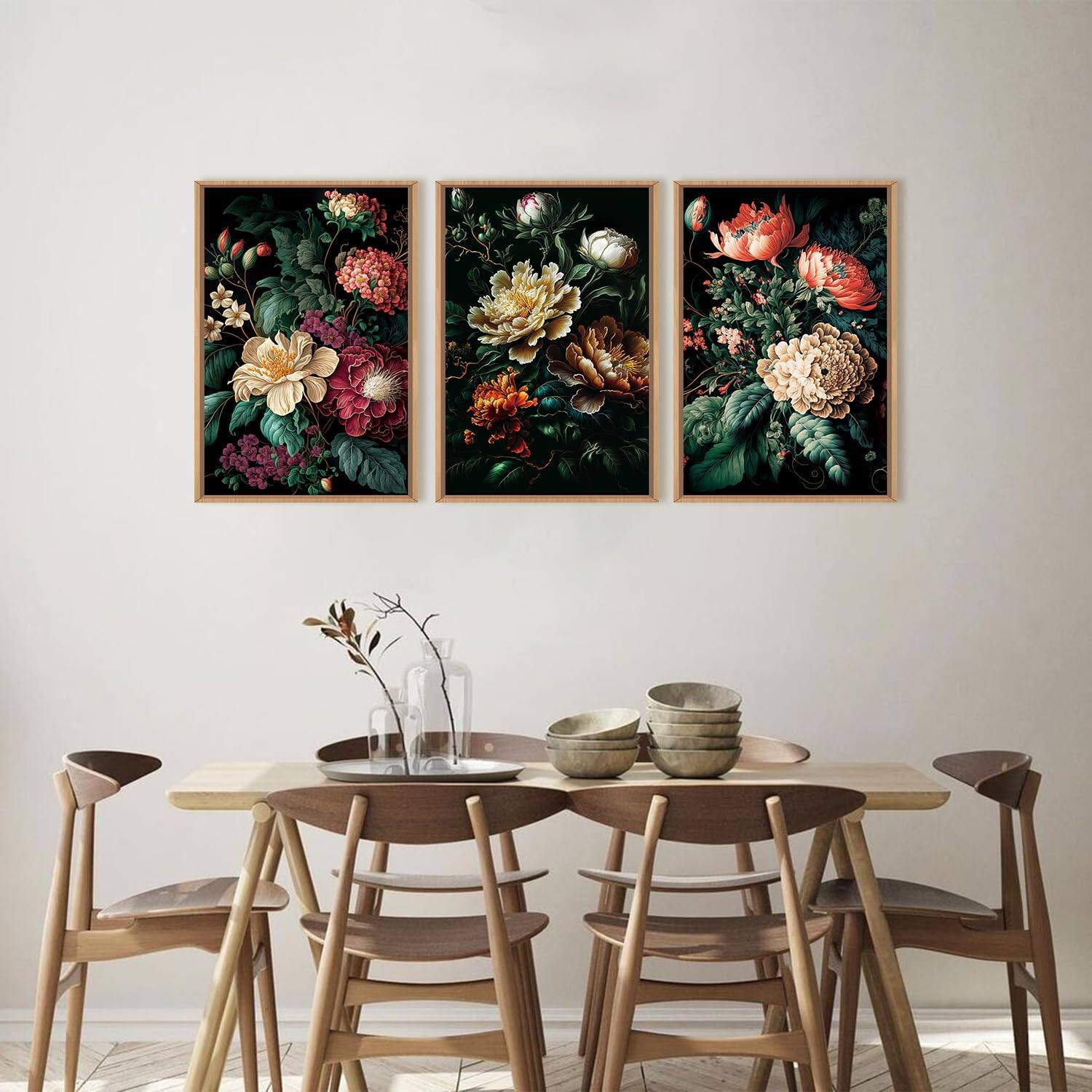 Alt View 1. Fabibe - Moody Floral Wall Art Canvas Set, Framed Dark Botanical Wall Painting, Large Black Academia Wall Painting, Academia Art - Dark Botanical 16"L x 24"W.