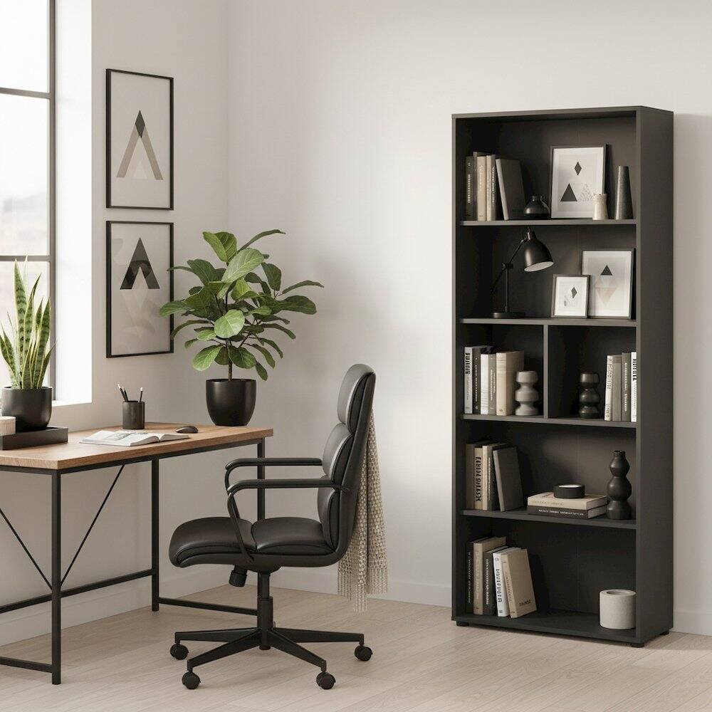 Angle. FurniFact - Contemporary 6-Shelf Bookshelf for Bedroom, Office, or Living Room - Gray.
