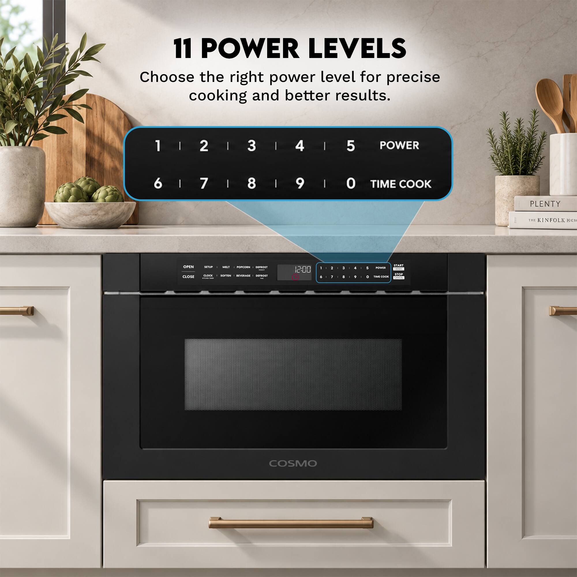 11 POWER LEVELS  
Choose the right power level for precise cooking and better results.  

1 2 3 4 5  
6 7 8 9 0  
POWER  
TIME COOK  

THE KINFOLK  
OPEN CLOSE  
SETUP -  
MILT POPCION HOW! SOFTON HYERAGE DOWOST  
12:00  
- 4 : 1  
3 I . 1  
HAVE : POWER 100ml DOR C TIME-COOK -  
COSMO
