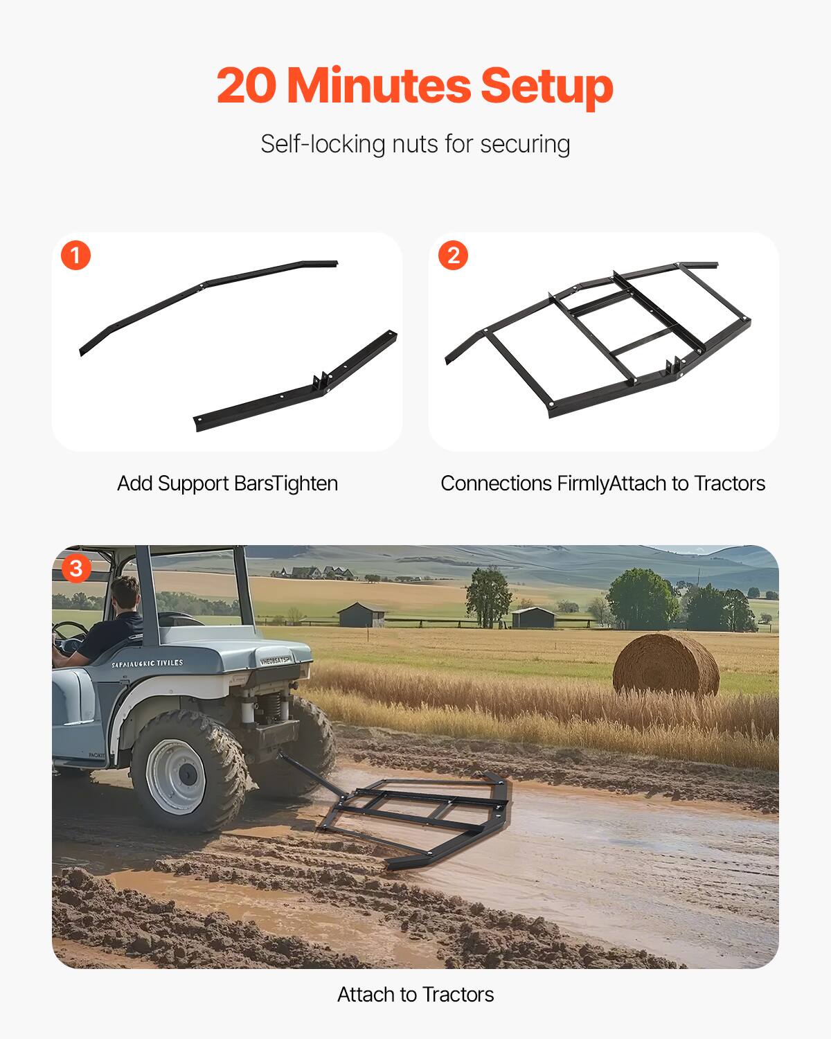 20 Minutes Setup
Self-locking nuts for securing

1. Add Support Bars Tighten
2. Connections Firmly Attach to Tractors
3. Attach to Tractors