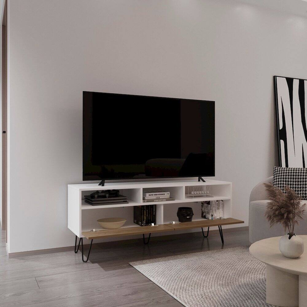 Alt View 4. TuHome - Tori 54" Wide TV Stand White - Natural Oak MDF - White.