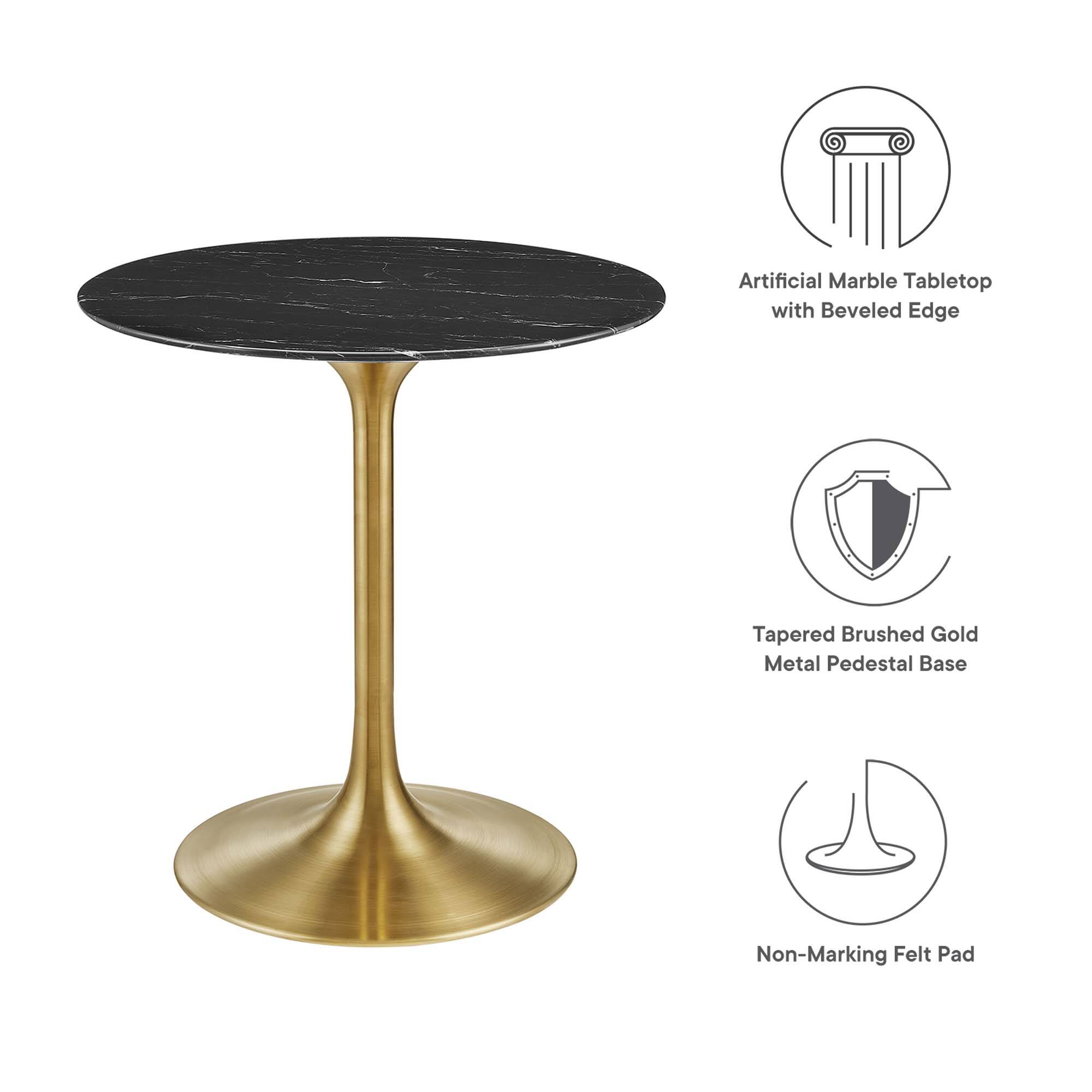 Artificial Marble Tabletop with Beveled Edge  
Tapered Brushed Gold Metal Pedestal Base  
Non-Marking Felt Pad