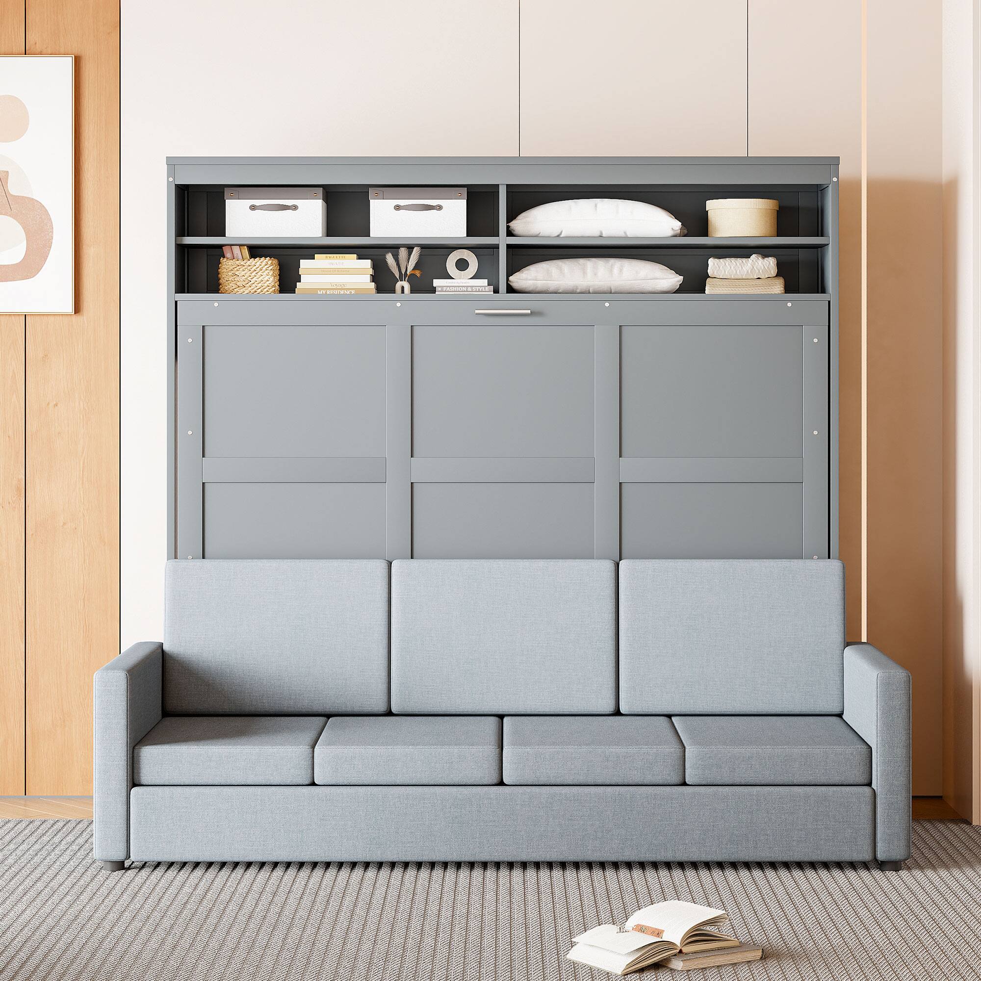Left. Tiramisubest - Queen Size Gray Murphy Bed Wall Bed with Sofa, MDF + LVL, Space-Saving & Multifunctional - Gray.