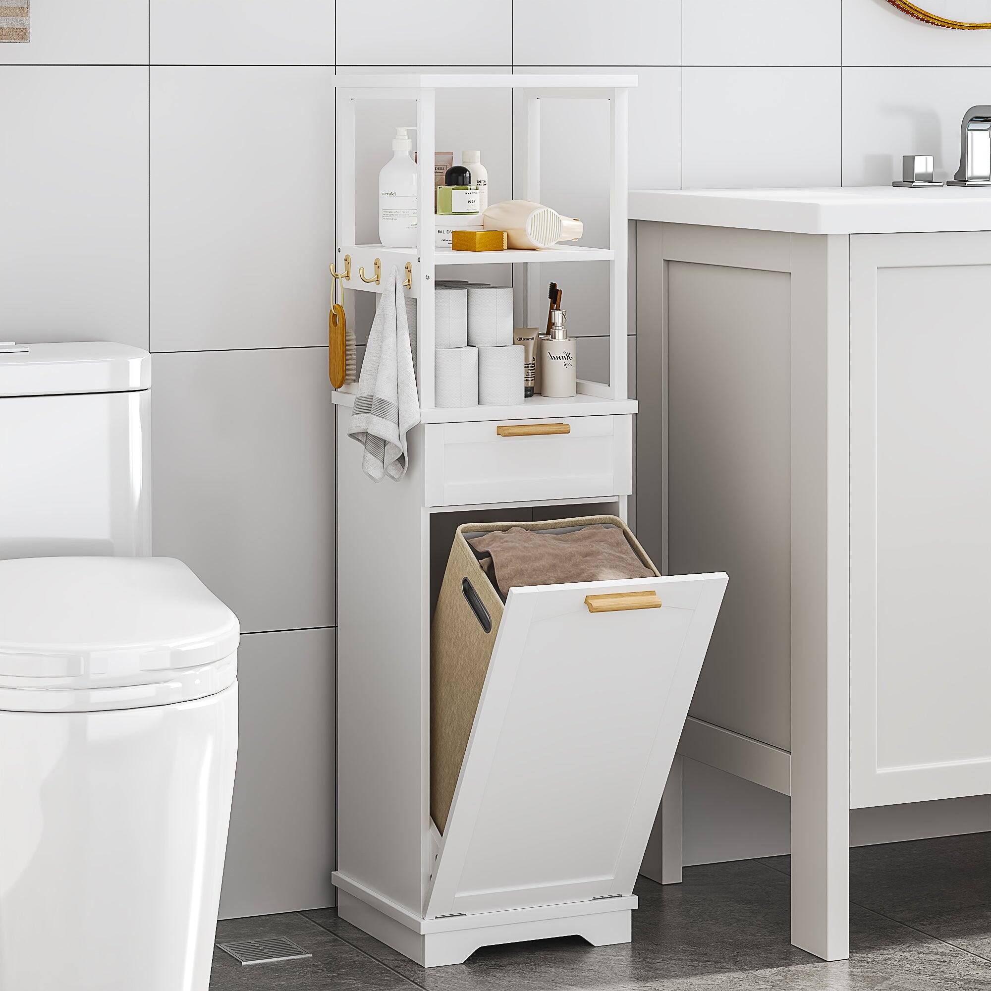 Alt View 3. Vecelo - Tall Bathroom Storage Cabinet with Laundry Hamper, Drawer & Shelves – Freestanding Bathroom Organizer Cabinet - White.