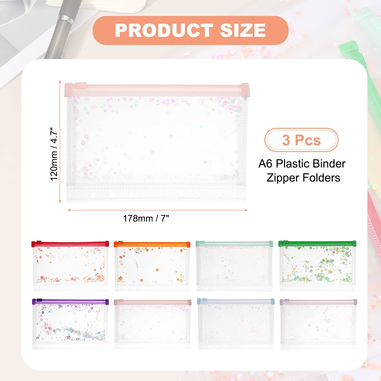 PRODUCT SIZE 4.7" / 120mm  
3 Pcs  
A6 Plastic Binder Zipper Folders  
178mm / 7"
