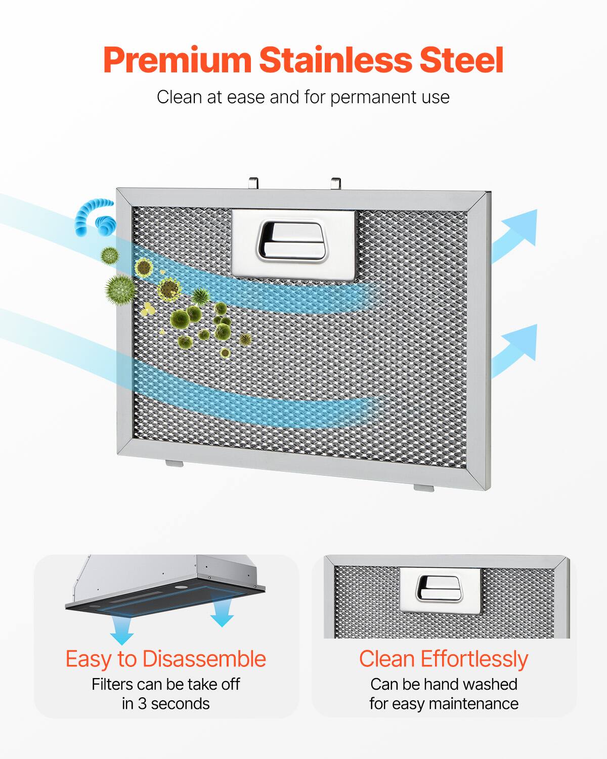 Premium Stainless Steel  
Clean at ease and for permanent use  

Easy to Disassemble  
Filters can be taken off in 3 seconds  

Clean Effortlessly  
Can be hand washed for easy maintenance