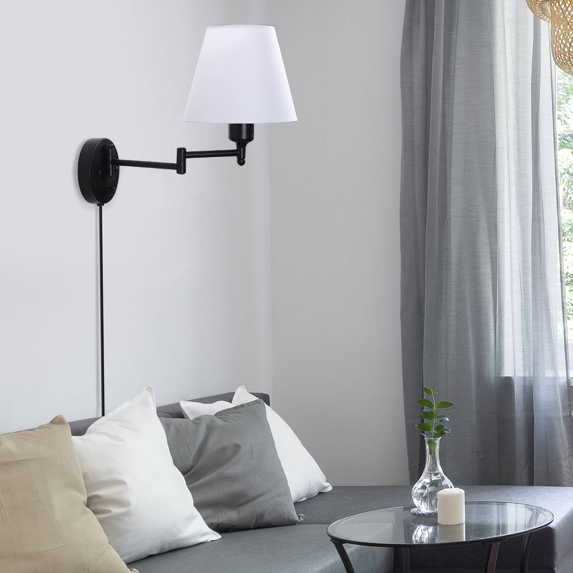 Back. Oumilen - Plug in Swing Arm Wall Sconce with Dimmer – 2 Pack Black Metal & Linen Shade Wall Lamp.