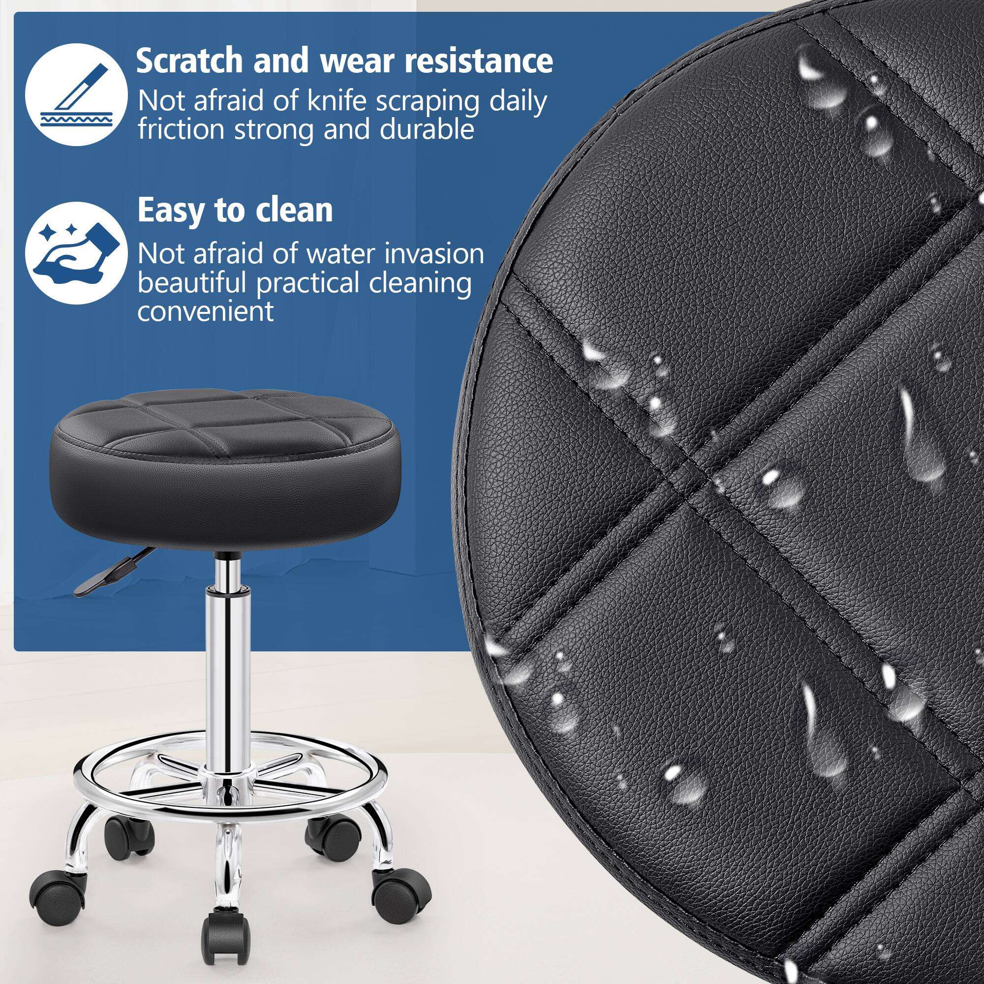 Angle. KERDOM - Versatile Rolling Stool Adjustable Height PU Leather Swivel Small Office Chair without Back for Drawing Tattoo Salon Lab - Black.