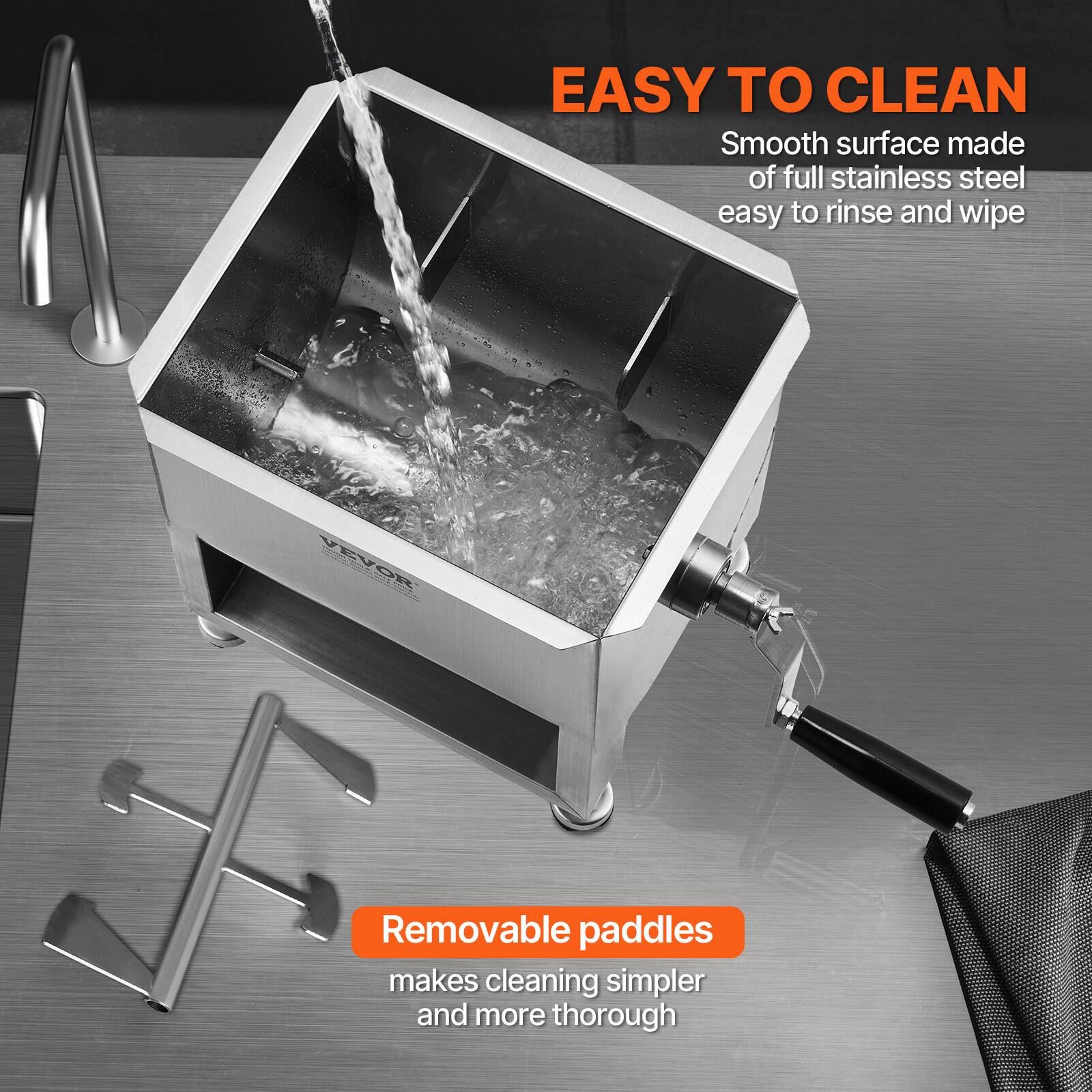 EASY TO CLEAN  
Smooth surface made of full stainless steel easy to rinse and wipe  

Removable paddles  
makes cleaning simpler and more thorough