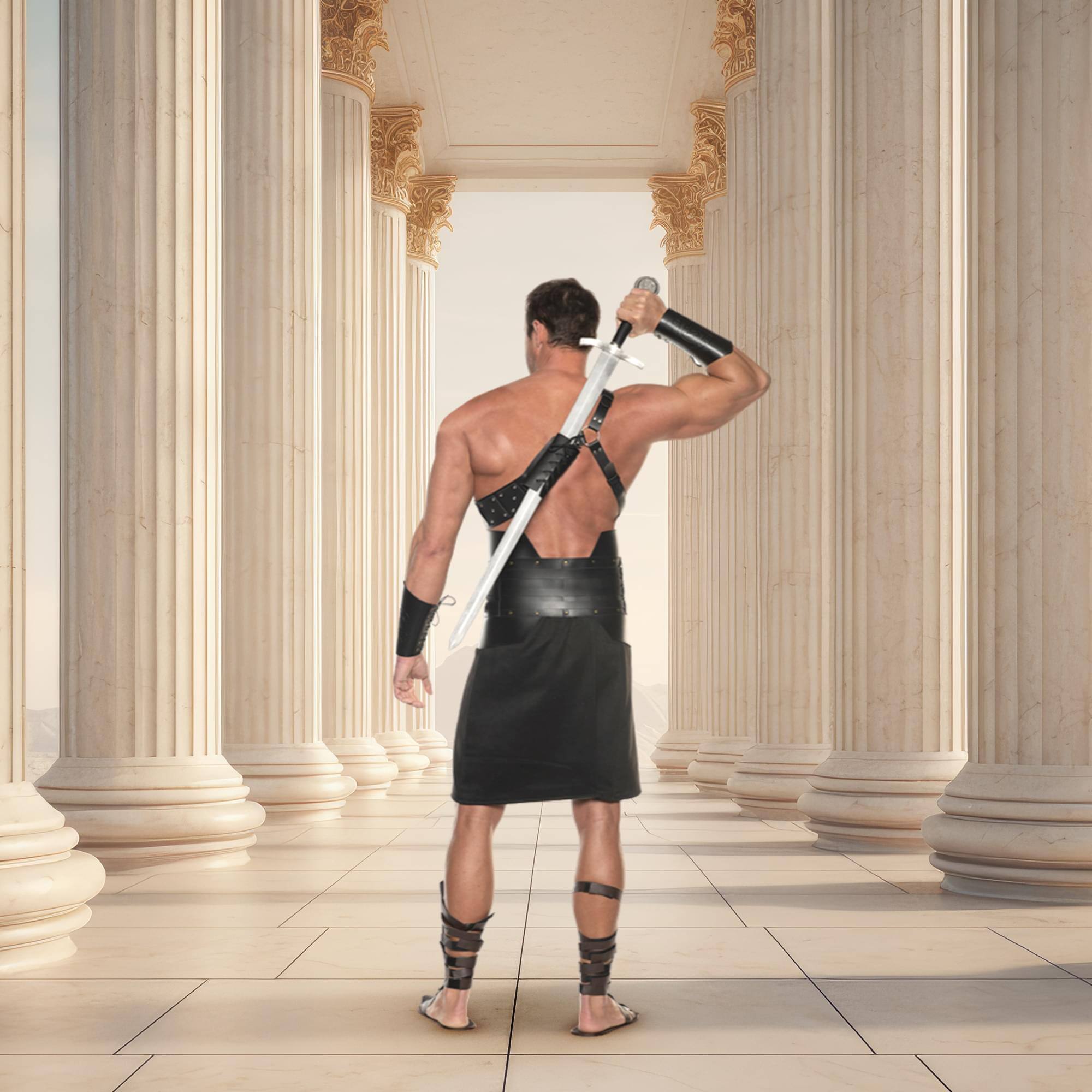 Alt View 2. Underwraps - Black Faux Leather Celtic Sword Back Sheath Adult Costume Accessory - Black.