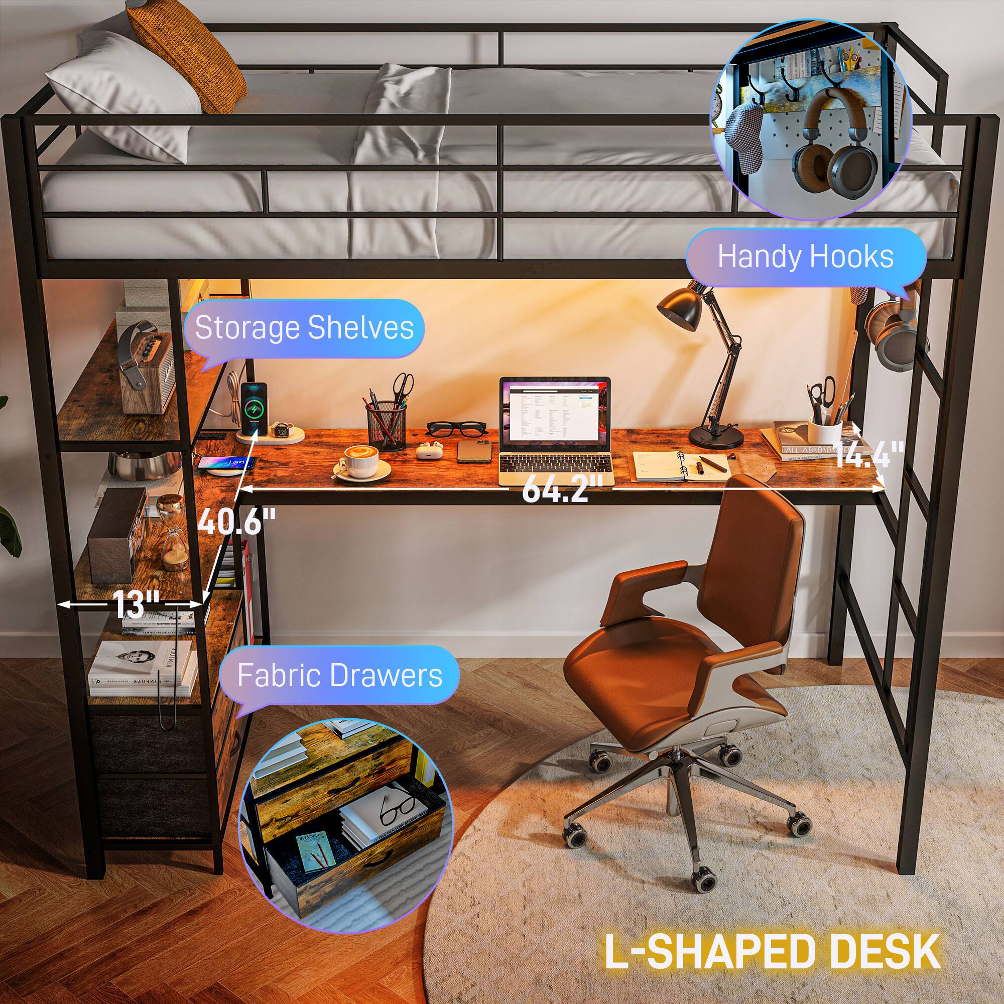 Handy Hooks - 14.4"
Storage Shelves - 40.6"
Fabric Drawers - 13"
L-SHAPED DESK - 64.2"