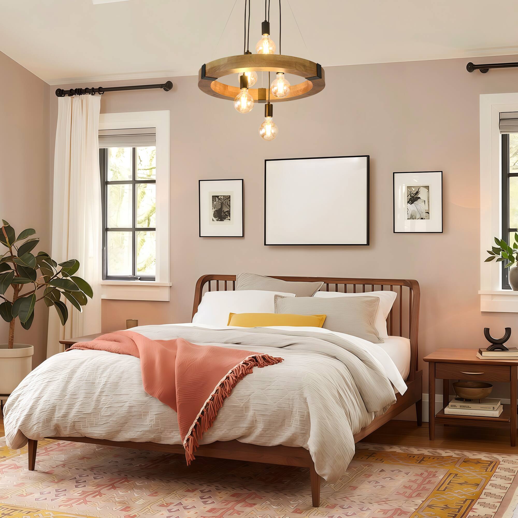 Alt View 2. RYHNUYNE - 5-Light Farmhouse Wooden Chandelier 23.62in Circular Pendant with Adjustable Height Rustic Natural Wood Ceiling Light.