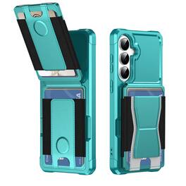 Dteck - Rugged Wallet Phone Case for Samsung Galaxy S26 FE, Shockproof Protective Cover with Elastic Card Holder and Kickstand - Green