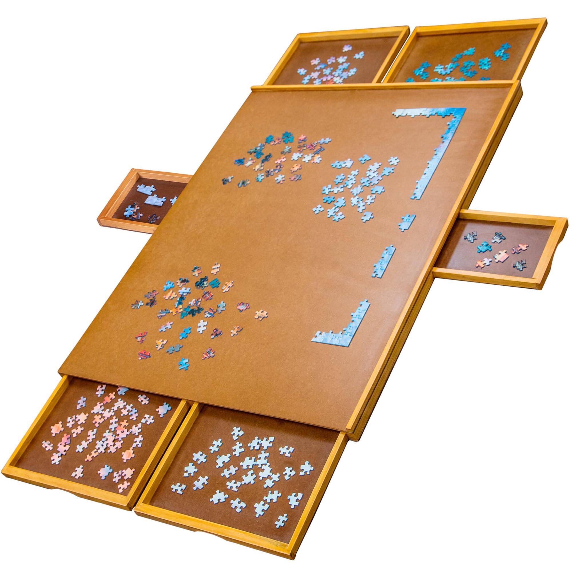 Jumbl - 1500-Piece Puzzle Board - 27 x 35" Wooden Puzzle Board with 6 Removable Drawers - Brown