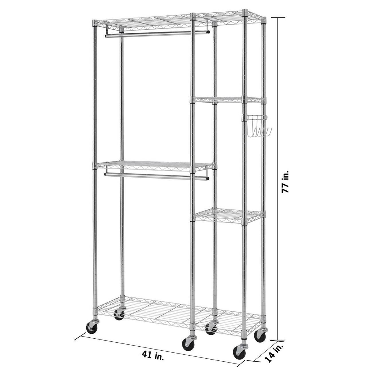 The image shows a metal shelf with a height of 77 inches and a width of 41 inches. The shelf is designed to hold items securely and is suitable for various purposes.