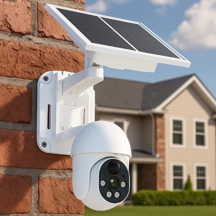 Zell Electronics - 1080P Solar Powered Wireless Outdoor Security Camera, 360° PTZ, Motion Detection & Night Vision - White