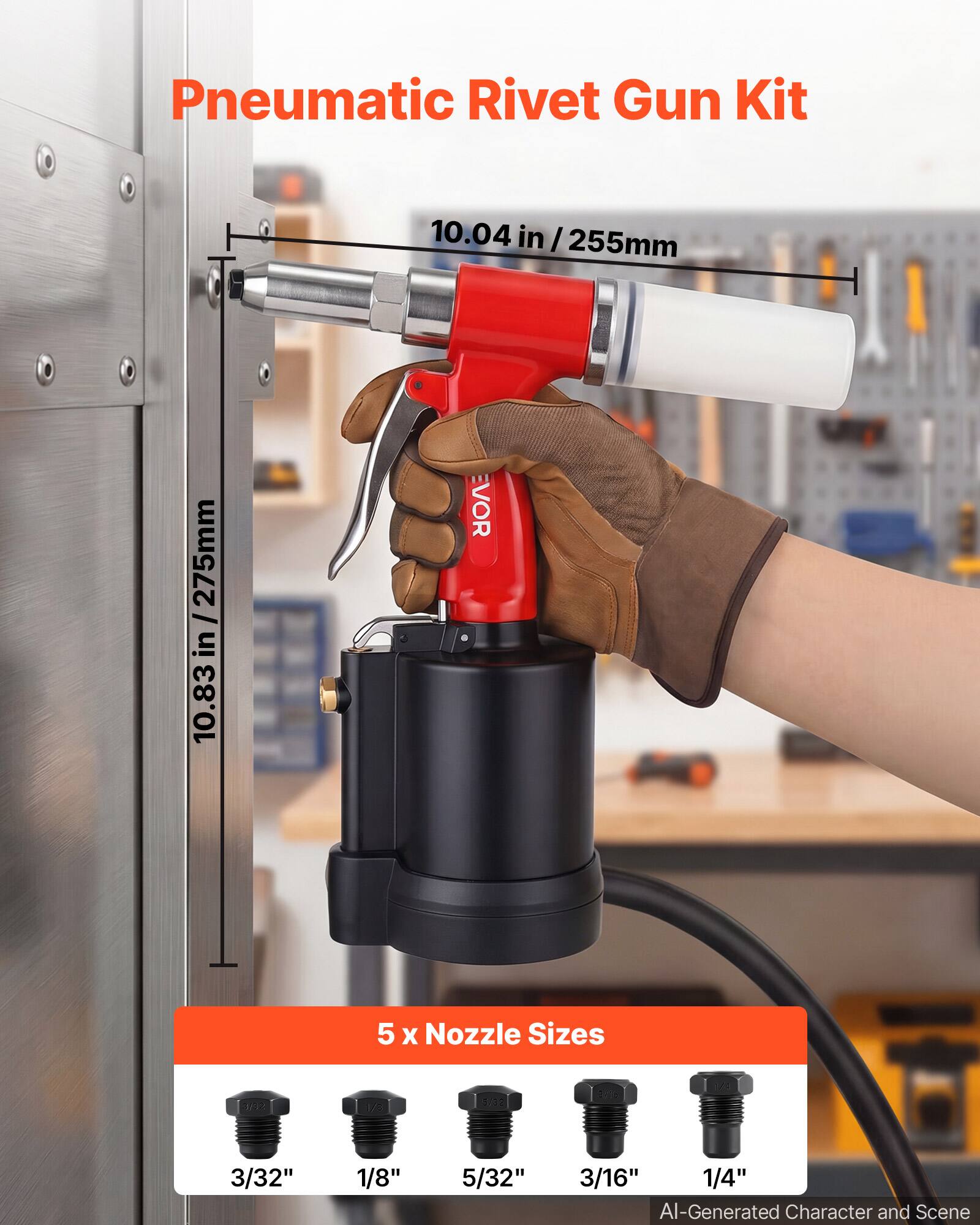 Pneumatic Rivet Gun Kit

10.04 in / 255mm

275mm / 10.83 in

EVOR

5 x Nozzle Sizes

3/32"

1/8"

5/32"

3/16"

1/4"