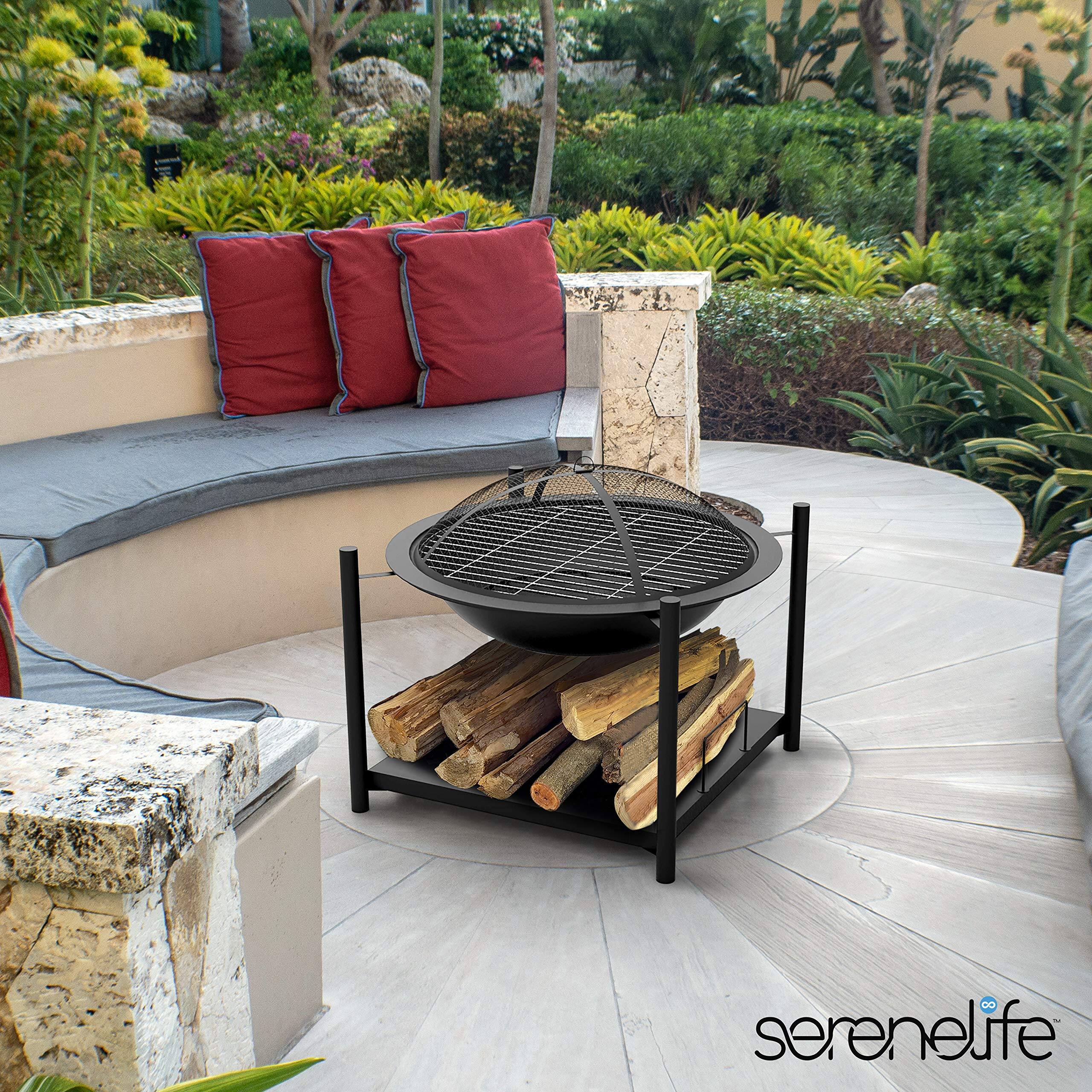 Alt View 3. SereneLife - SereneLife Outdoor Wood Fire Pit, 26" Steel BBQ Grill with Mesh Spark Screen, Fire Poker & Cover - SLCARFP54 - Black.