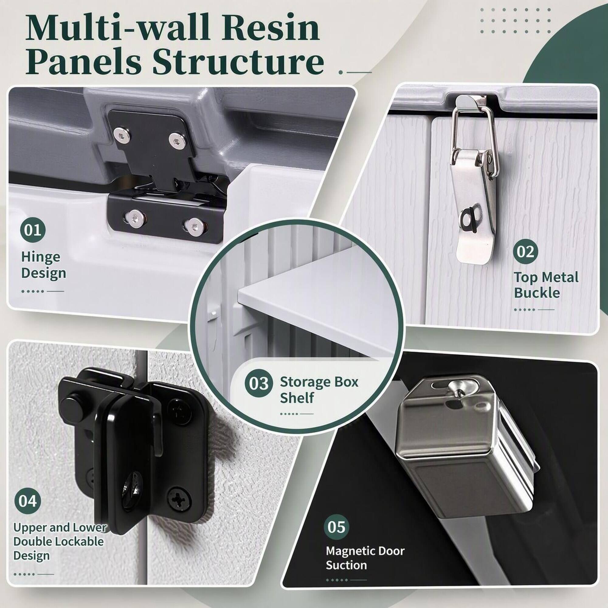 Multi-wall Resin Panels Structure

01 Hinge Design
02 Top Metal Buckle
03 Storage Box Shelf
04 Upper and Lower Double Lockable Design
05 Magnetic Door Suction