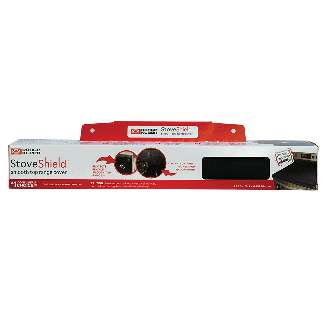 RANGE KLEEN StoveShield smooth top range cover PROTECTS FRAGILE SMOOTH TOP RANGES CONSUMER'S CHOICE. CAUTION: Stove top or cook top must be completely cool before placing StoveShield on stove top. Visit us at www.rangekleen.com. StoveShield smooth top range cover 28.75 x 20.5 x 0.1875 inches.